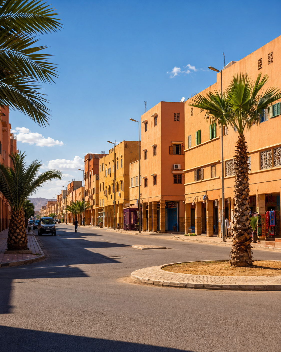 Palm-lined avenue with warm-coloured façades in Tan-Tan