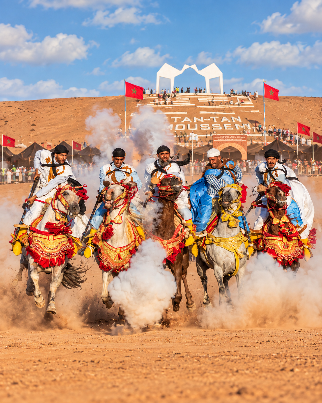 Horse riders performing tbourida at the Moussem of Tan-Tan