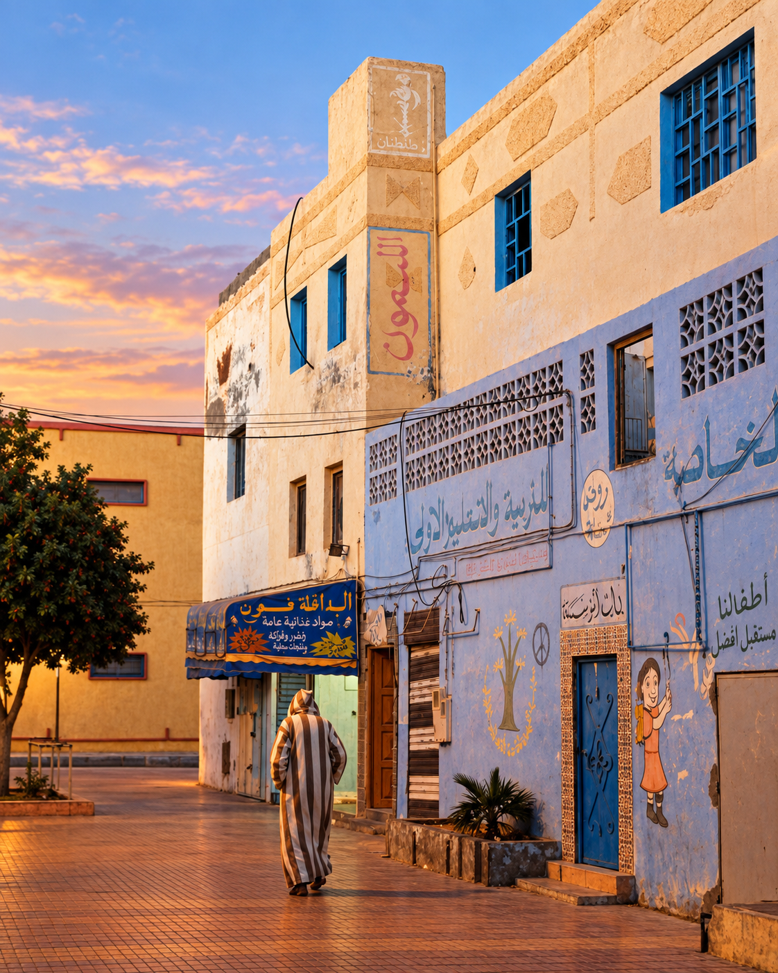 Local shops and pedestrians in Tan-Tan at sunset