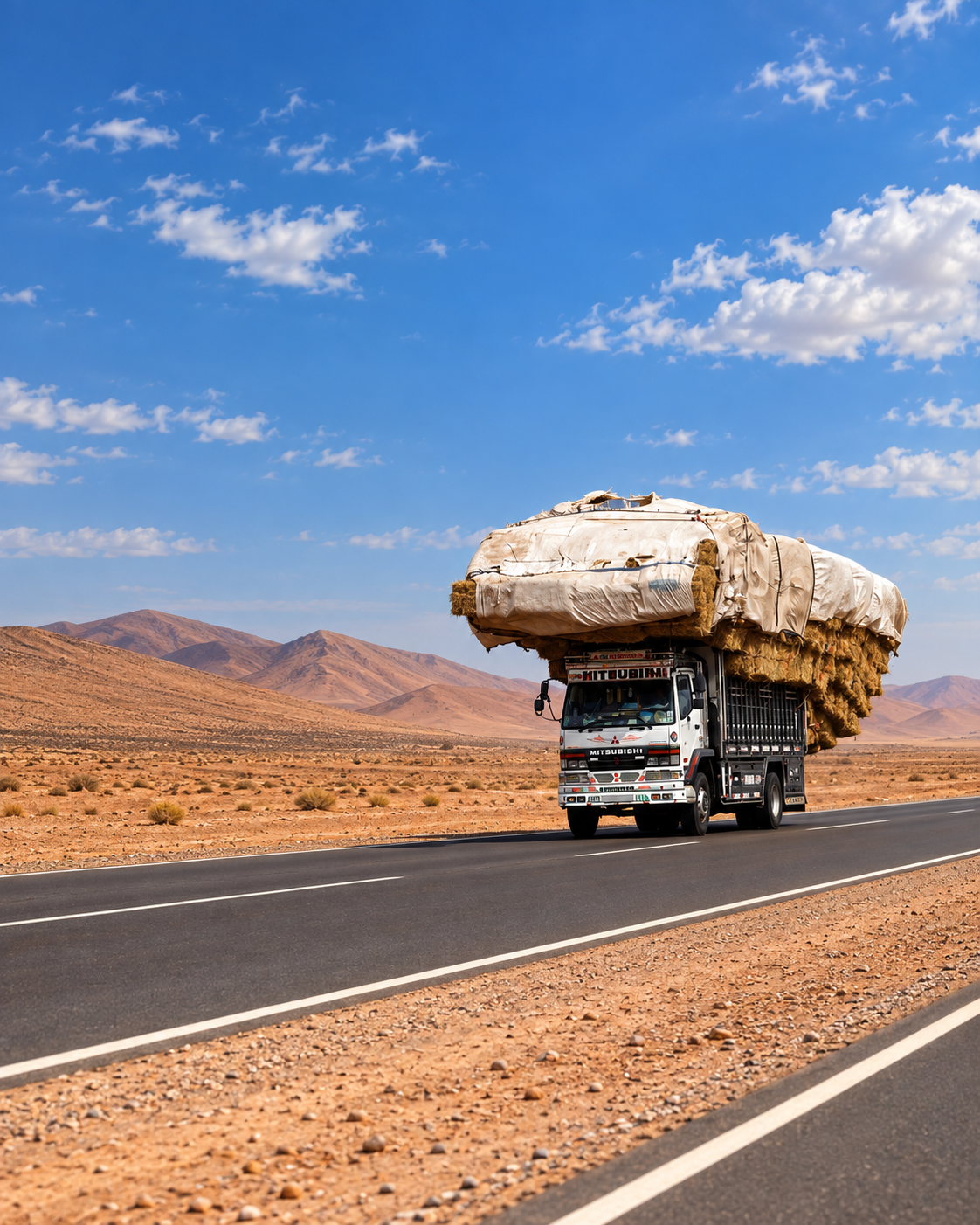 A loaded truck on a paved road through a dry southern landscape
