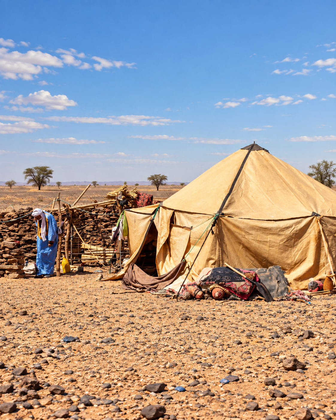 Canvas tent and woven screens on a Saharan plain