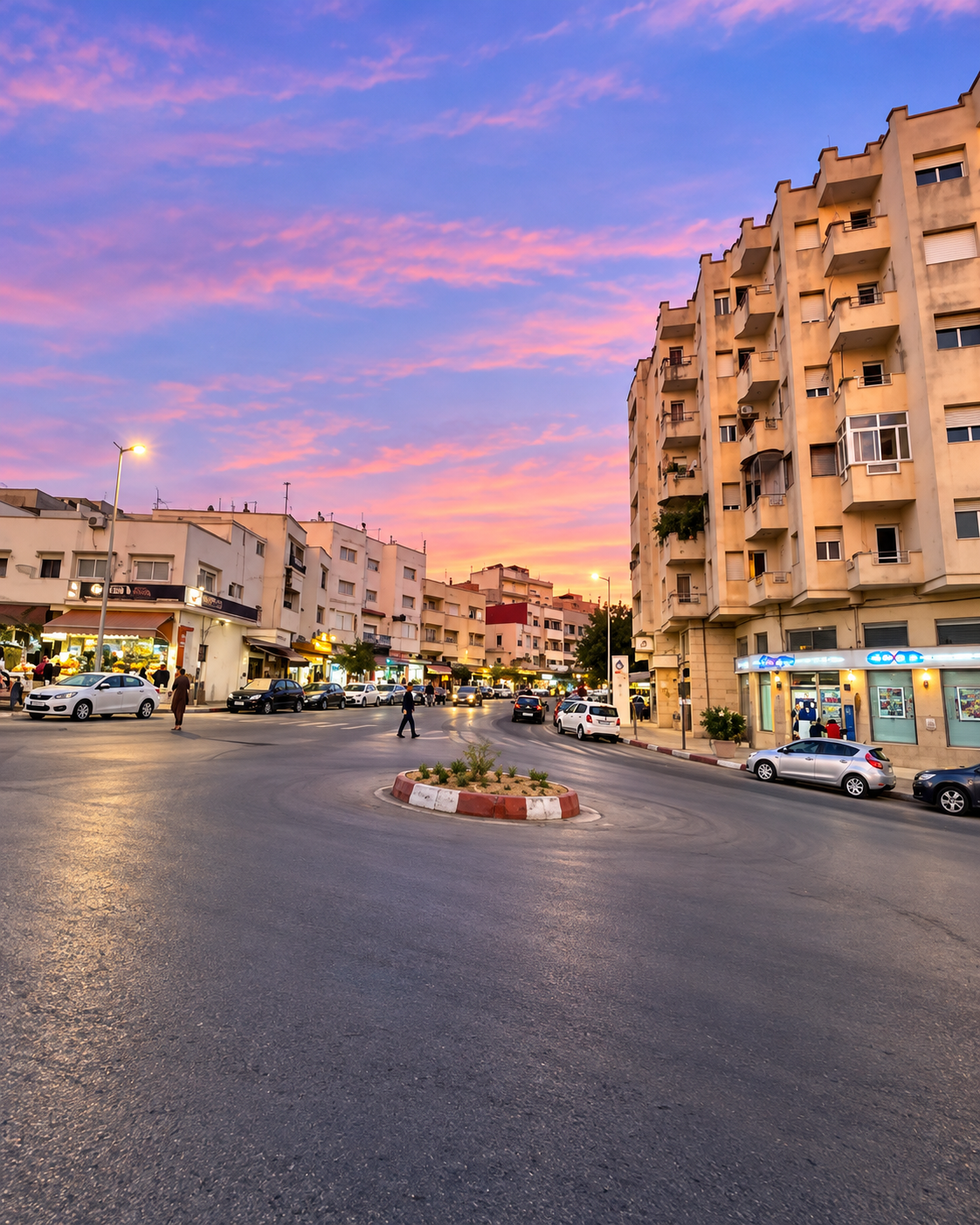 A town junction, shops and apartment buildings at dusk