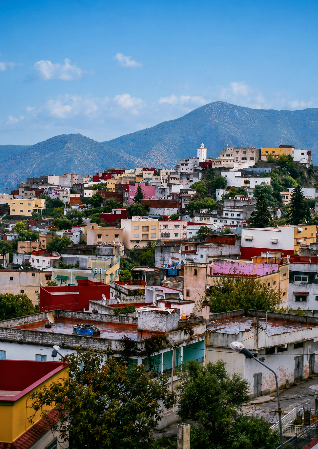 Colourful hillside homes with the mountains behind Taounate