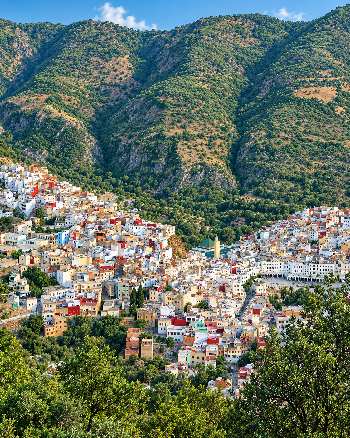 Buildings following the steep slopes of a green valley