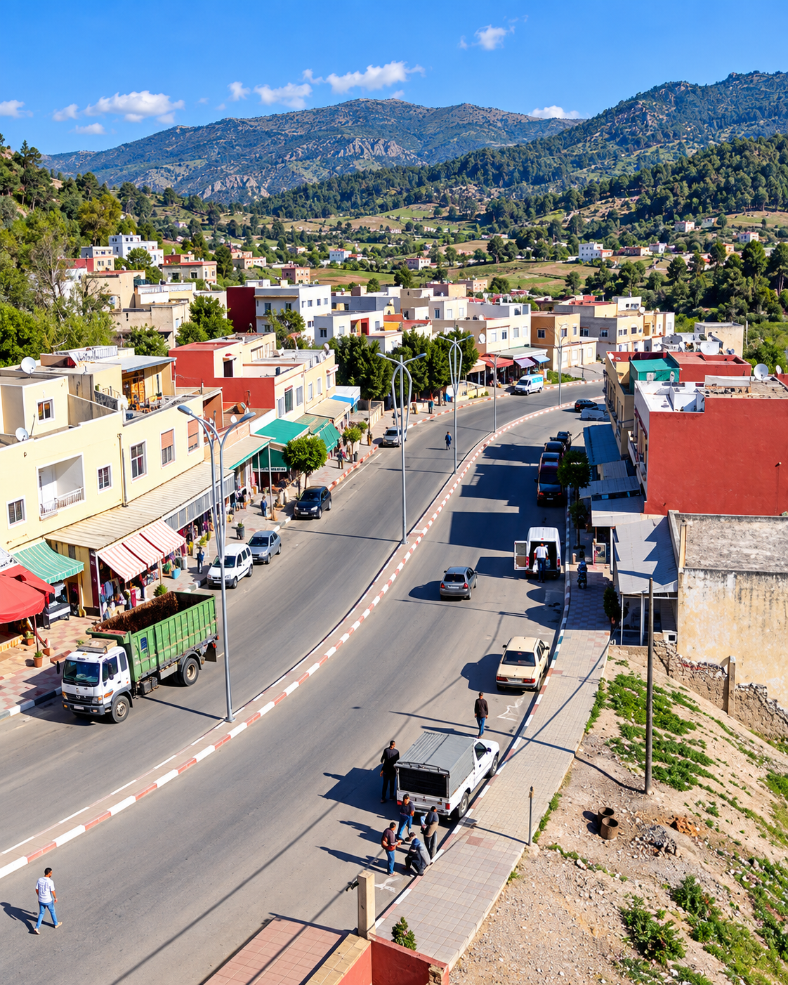 A road through town with wooded hills in the distance