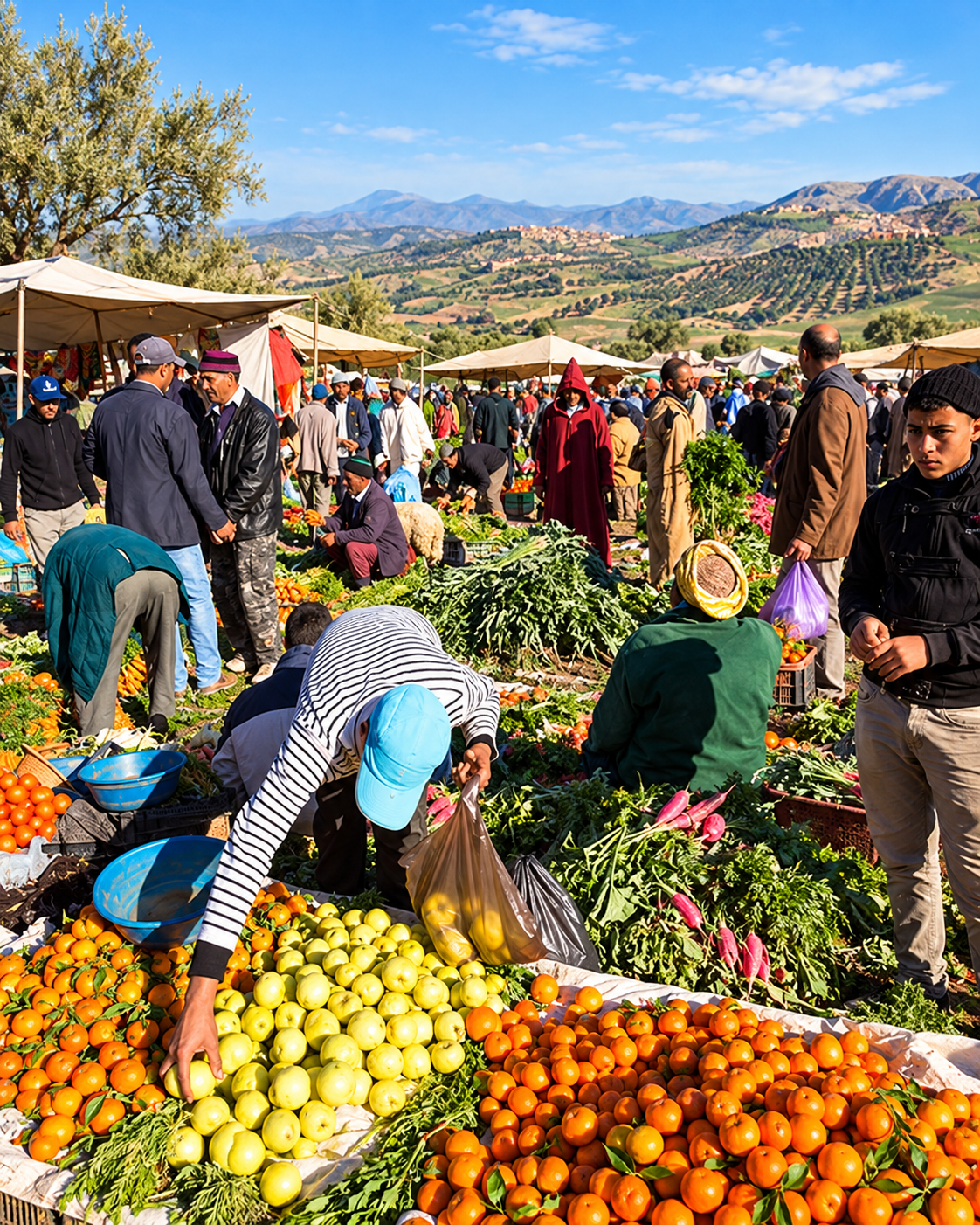 Fresh produce stalls and shoppers at a rural market