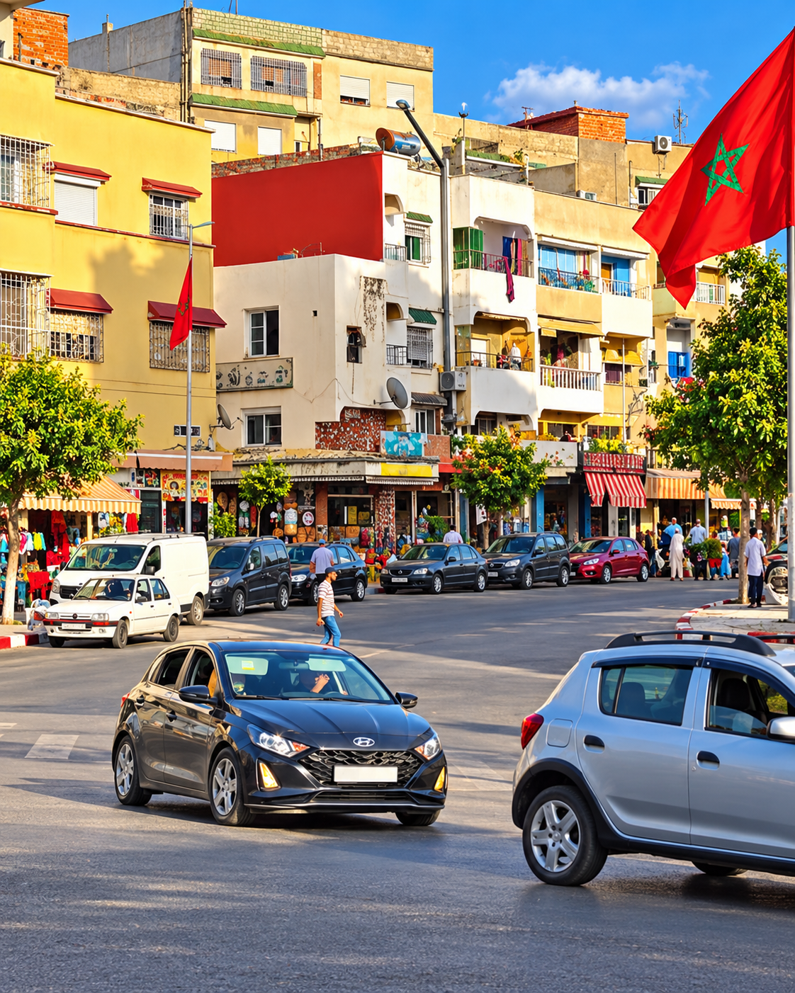 Cars, shops and Moroccan flags along a town street