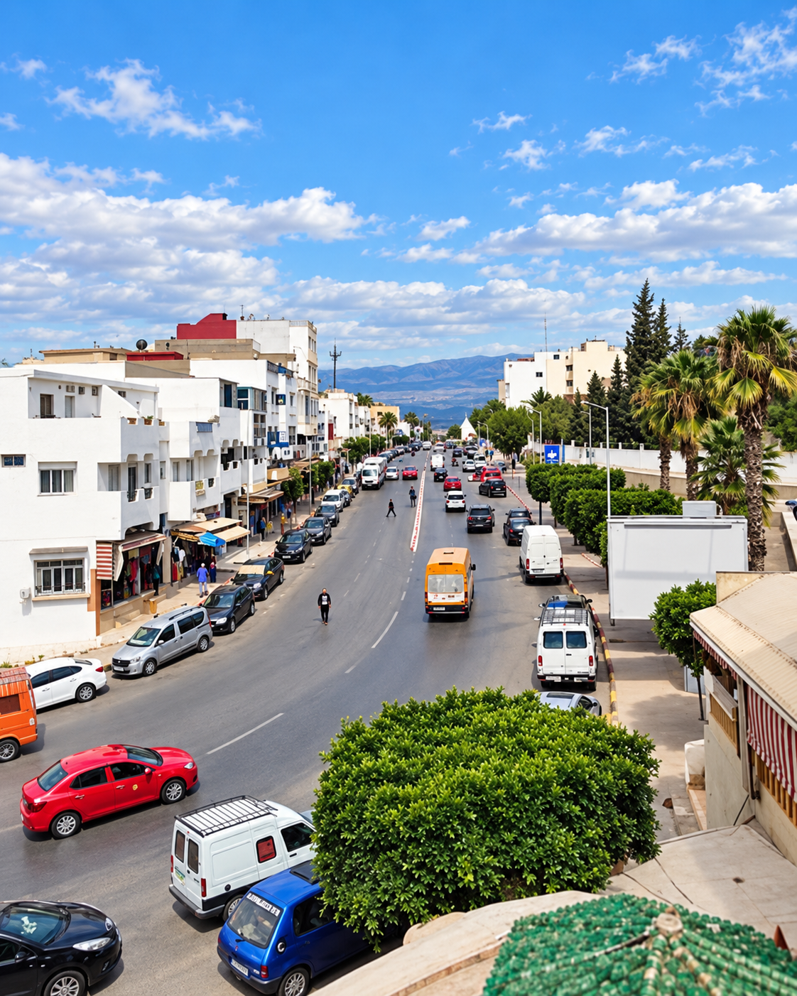 A palm-lined street and everyday traffic in the town centre