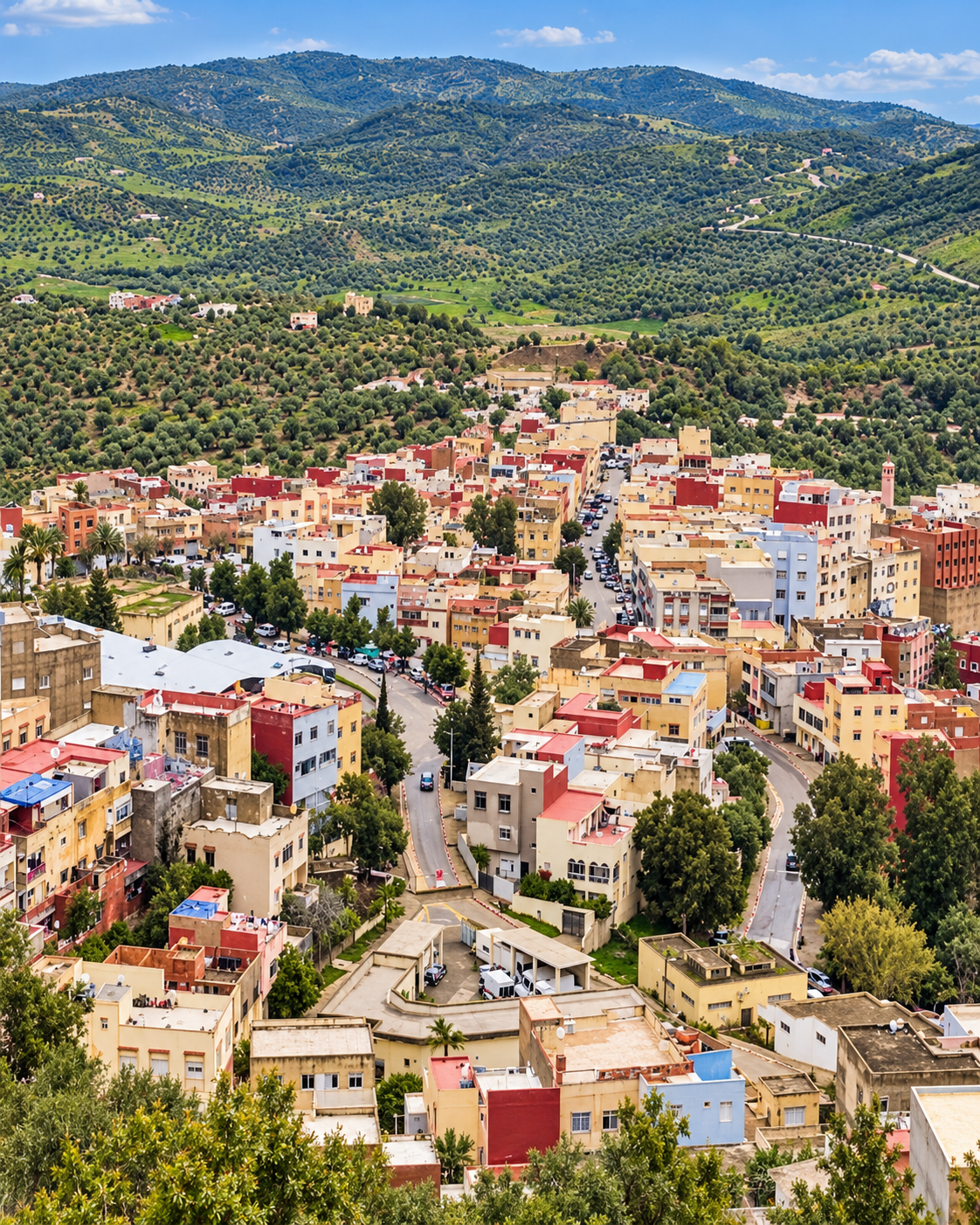 Town buildings along a valley road beneath cultivated hills