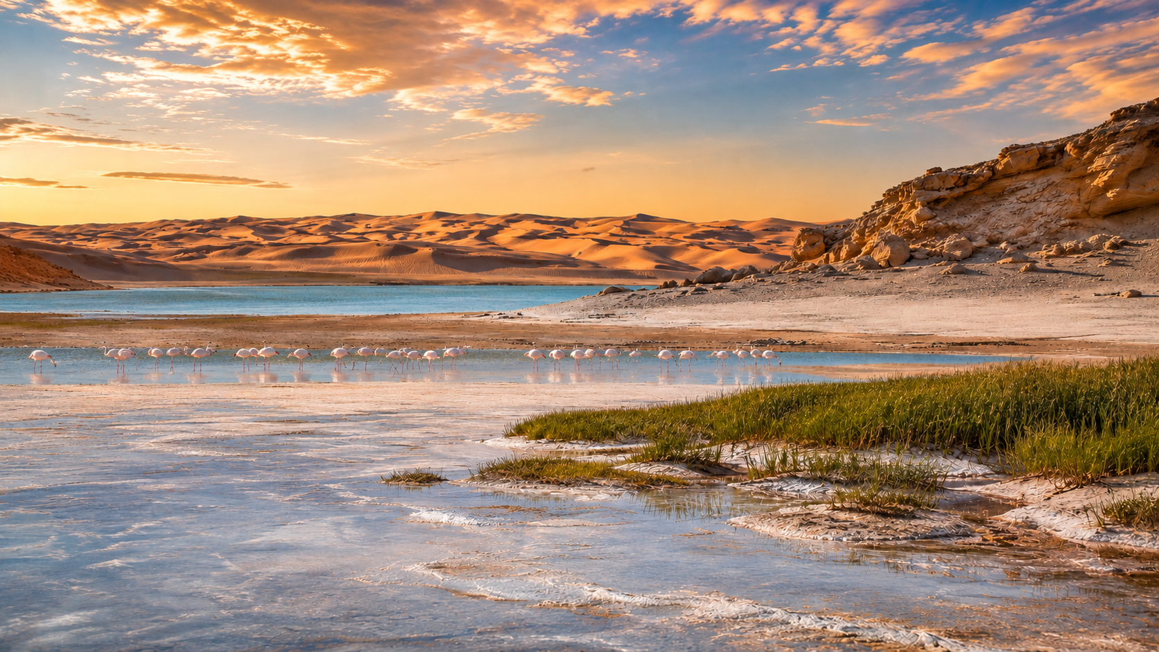 Flamingos and salt-marsh vegetation in Khnifiss Lagoon at sunset