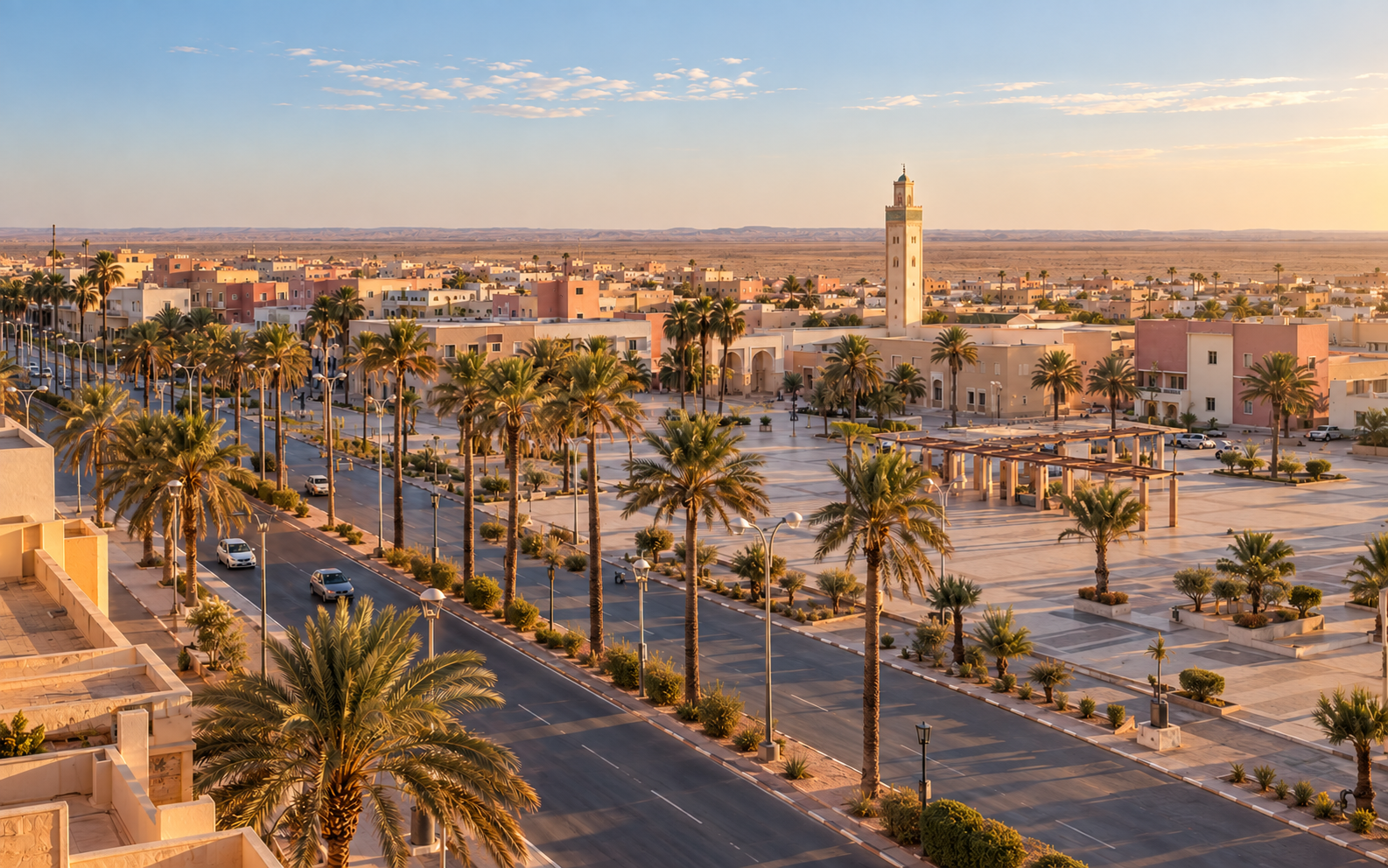 Palm-lined boulevard, open square and mosque in Laâyoune