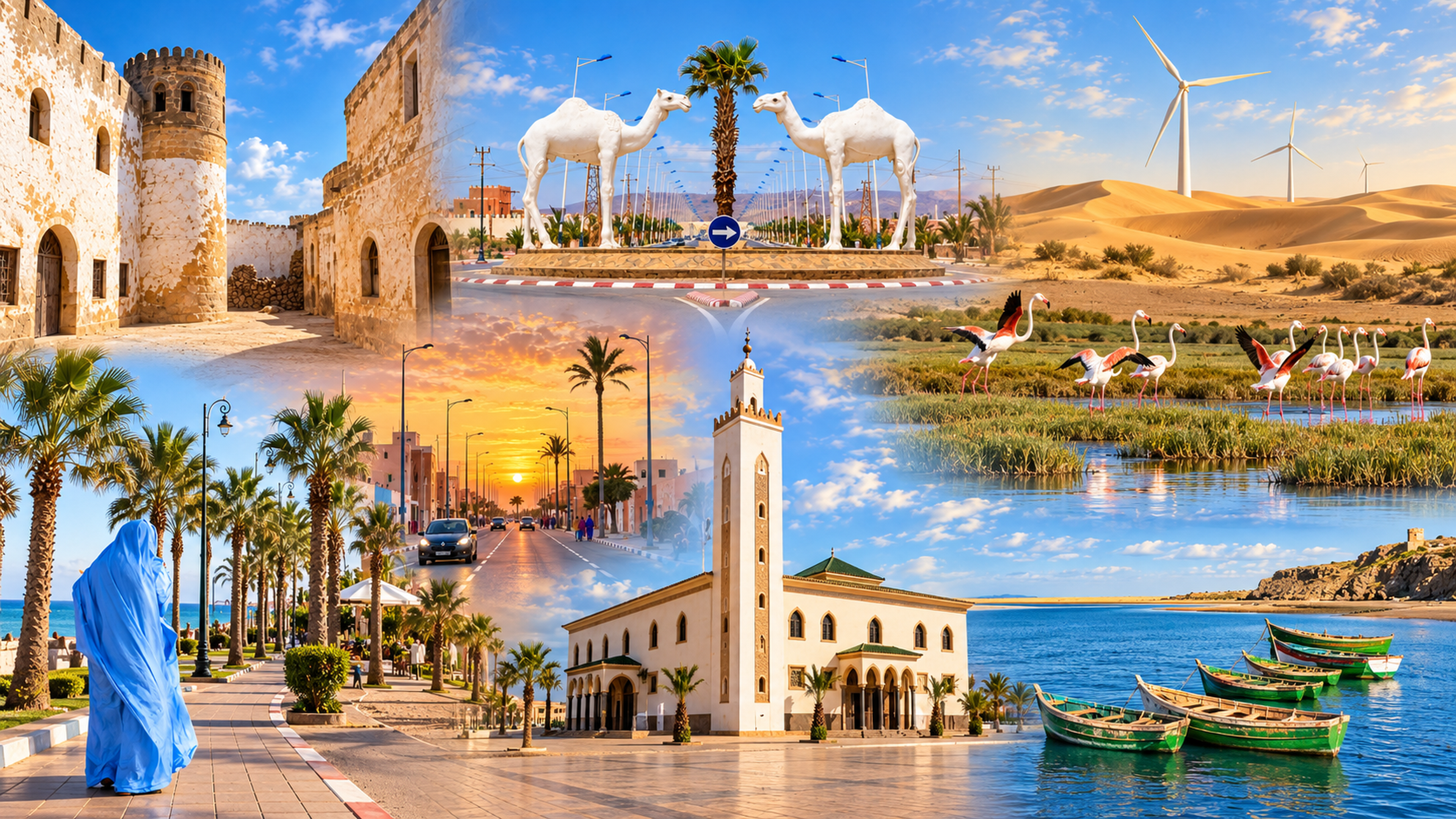 User-selected montage of southern Atlantic coastal heritage, streets, dunes and lagoon scenery
