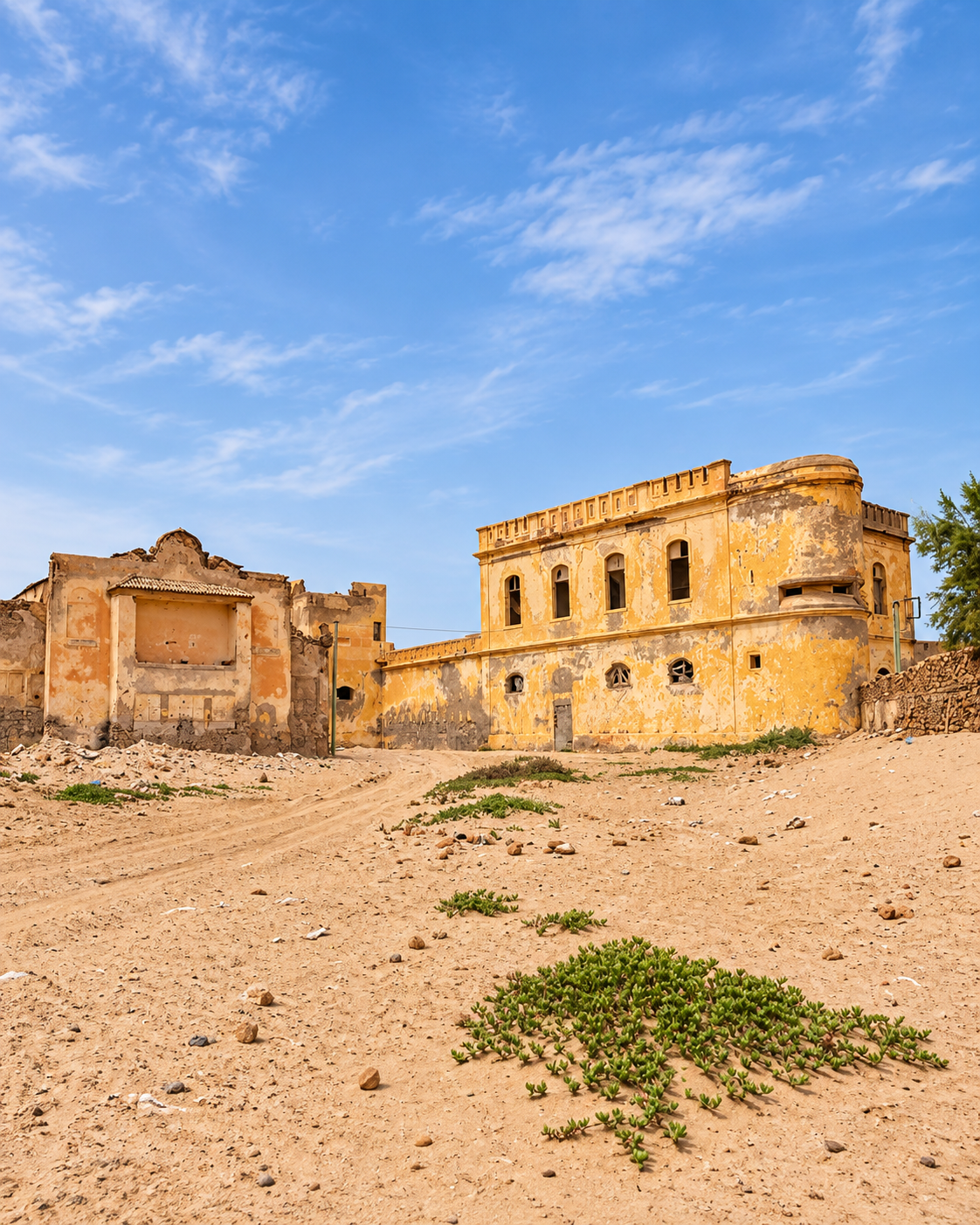 Weathered historic buildings on the sandy edge of Tarfaya
