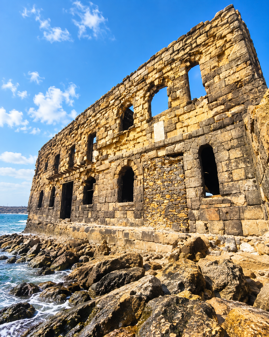 Weathered stone walls and empty windows of Casa del Mar