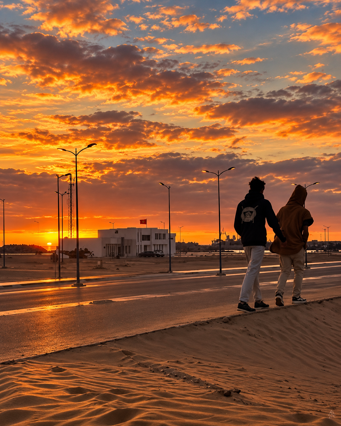 Two people walking beside a sandy road at sunset