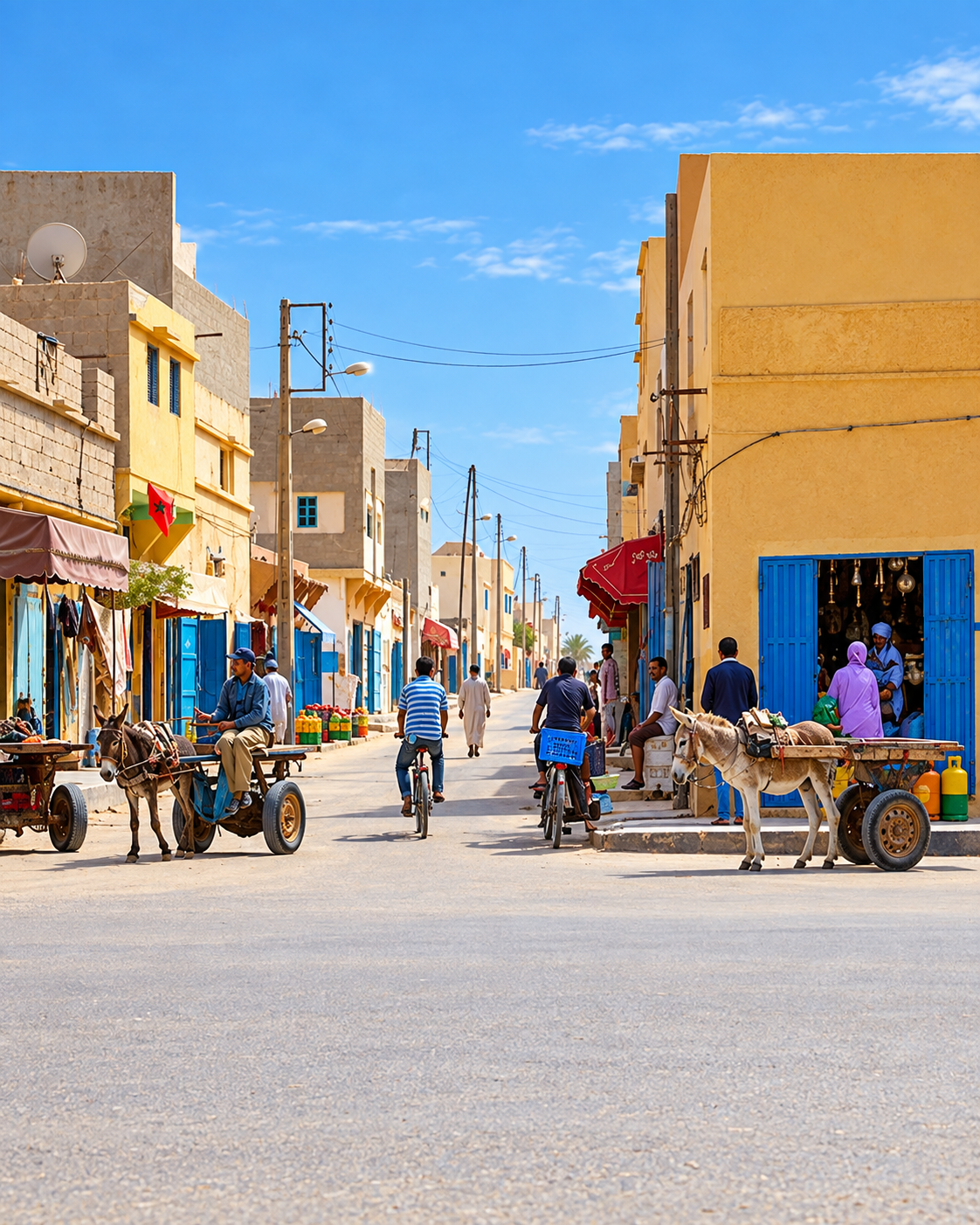 Pedestrians and carts along a street of low-rise buildings in Tarfaya