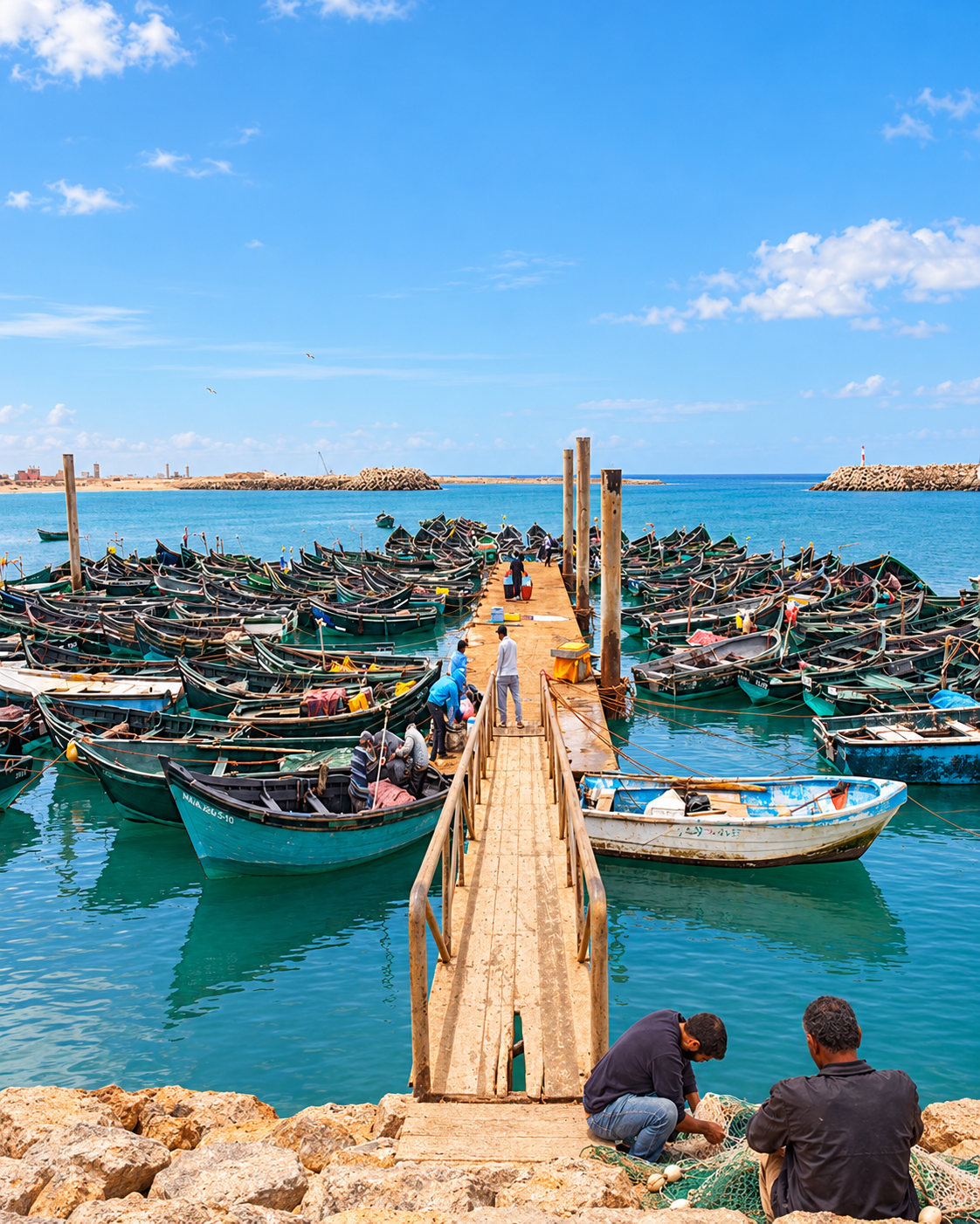 Wooden jetty between traditional fishing boats in Tarfaya harbour