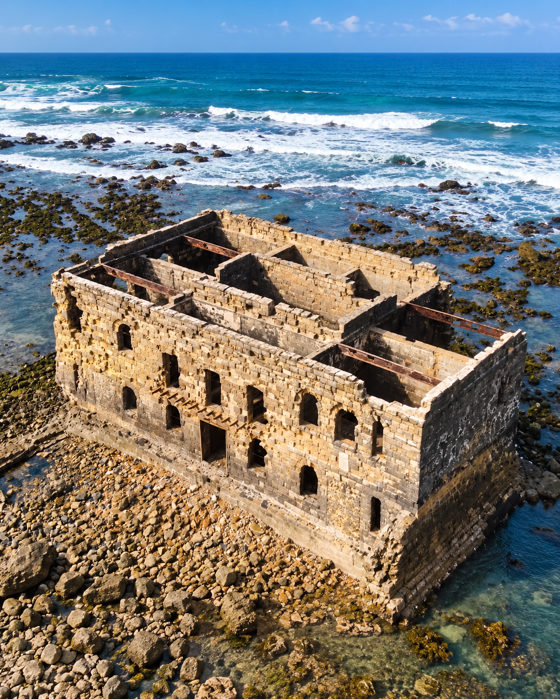 Elevated view into Casa del Mar above the Atlantic rocky shore in Tarfaya