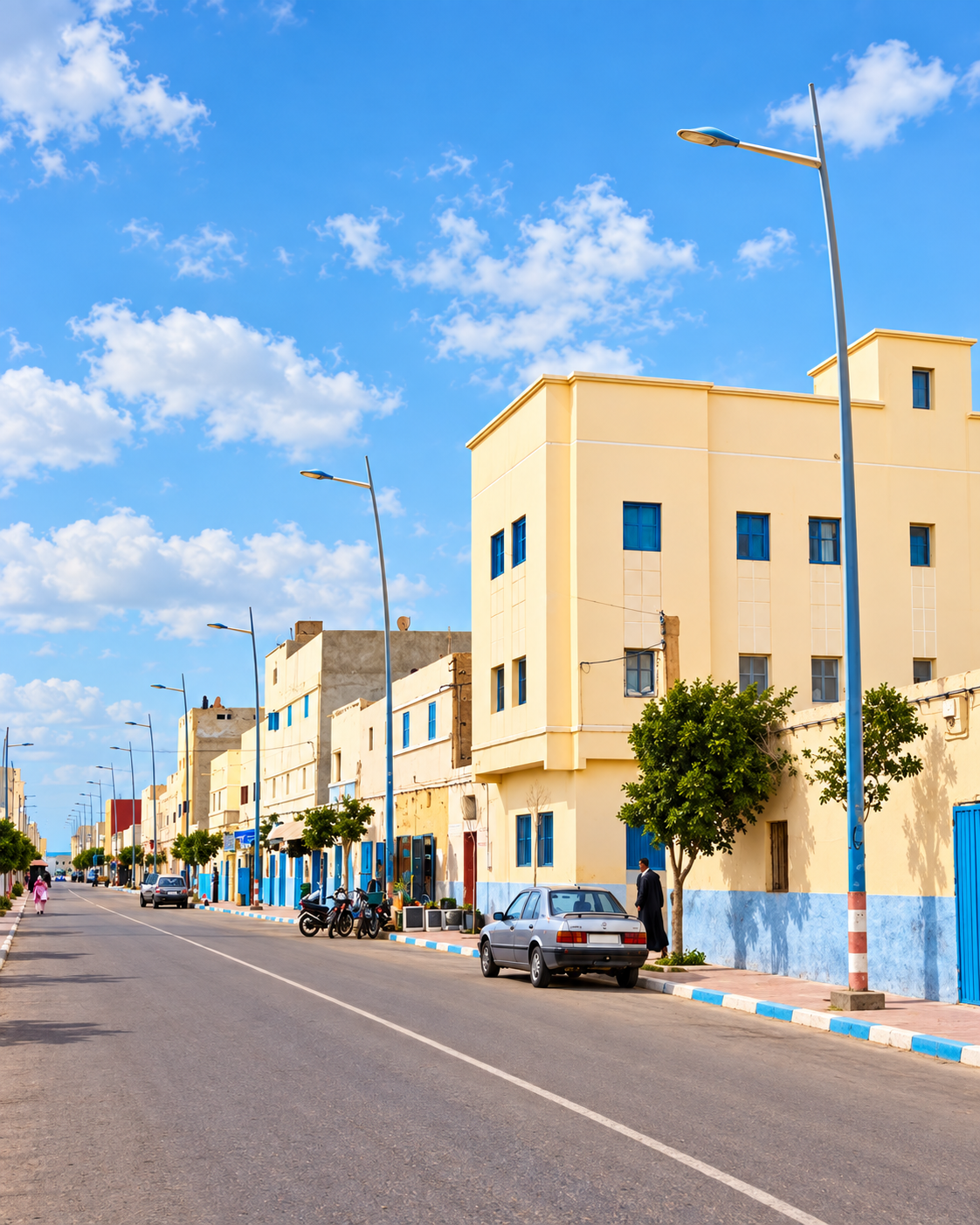 Tarfaya street with yellow façades, blue doors and local traffic