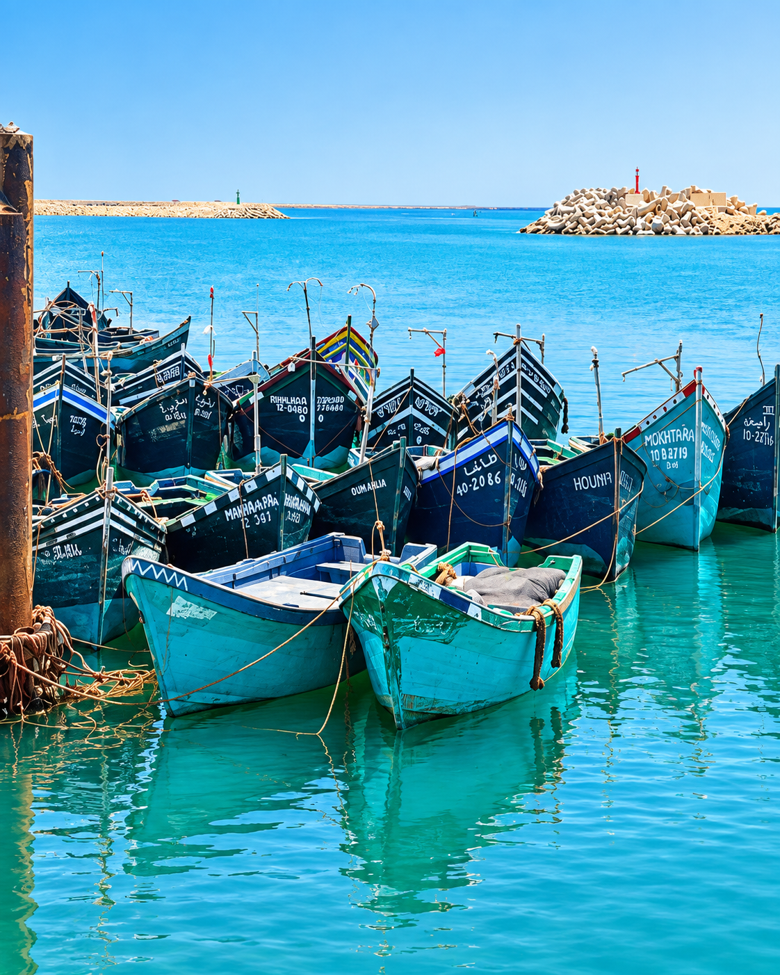 Traditional fishing boats moored in turquoise harbour water