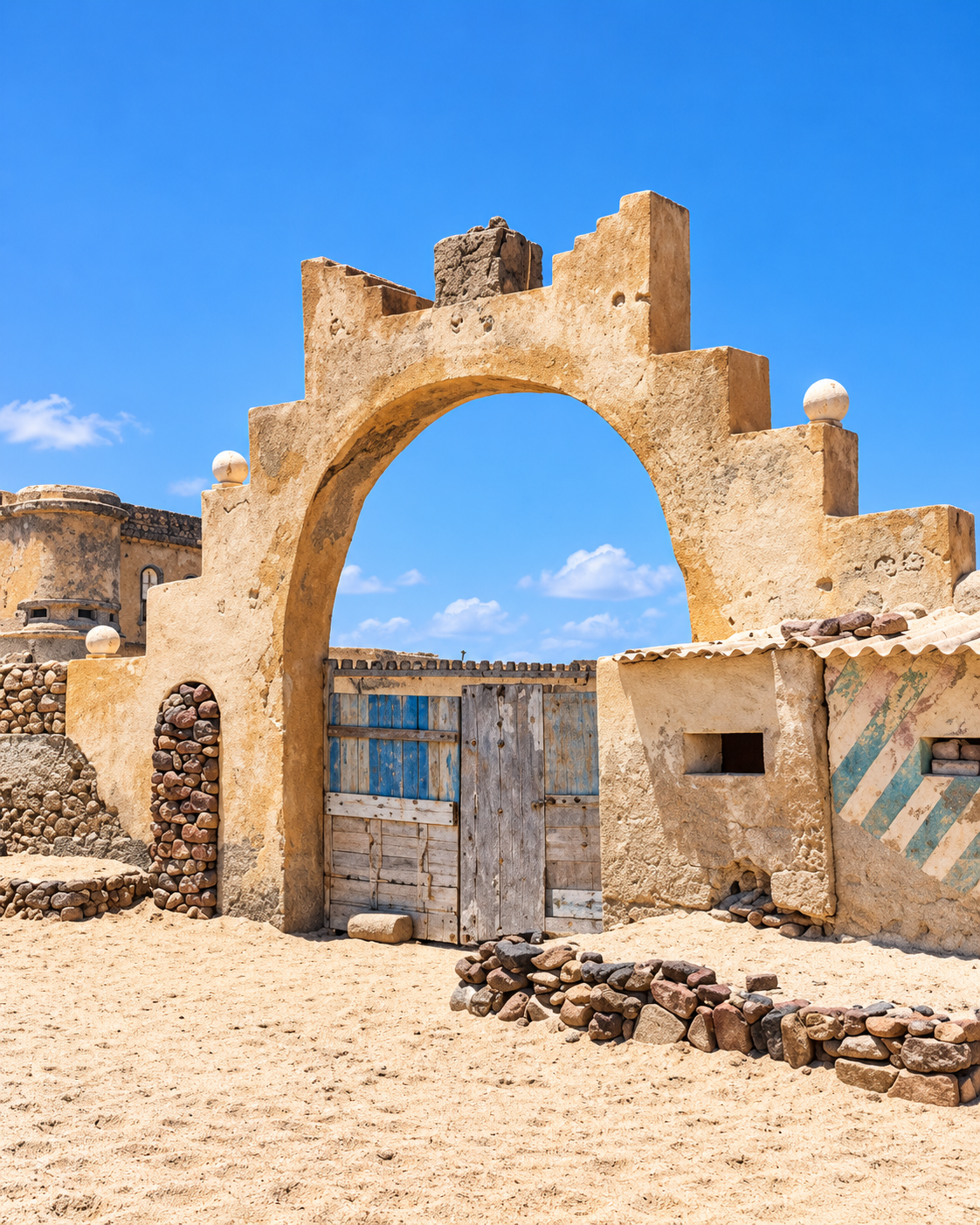 A weathered arched stone gateway and blue wooden doors