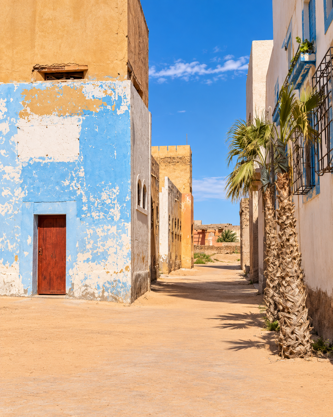 Weathered blue and ochre walls beside a quiet sandy passage