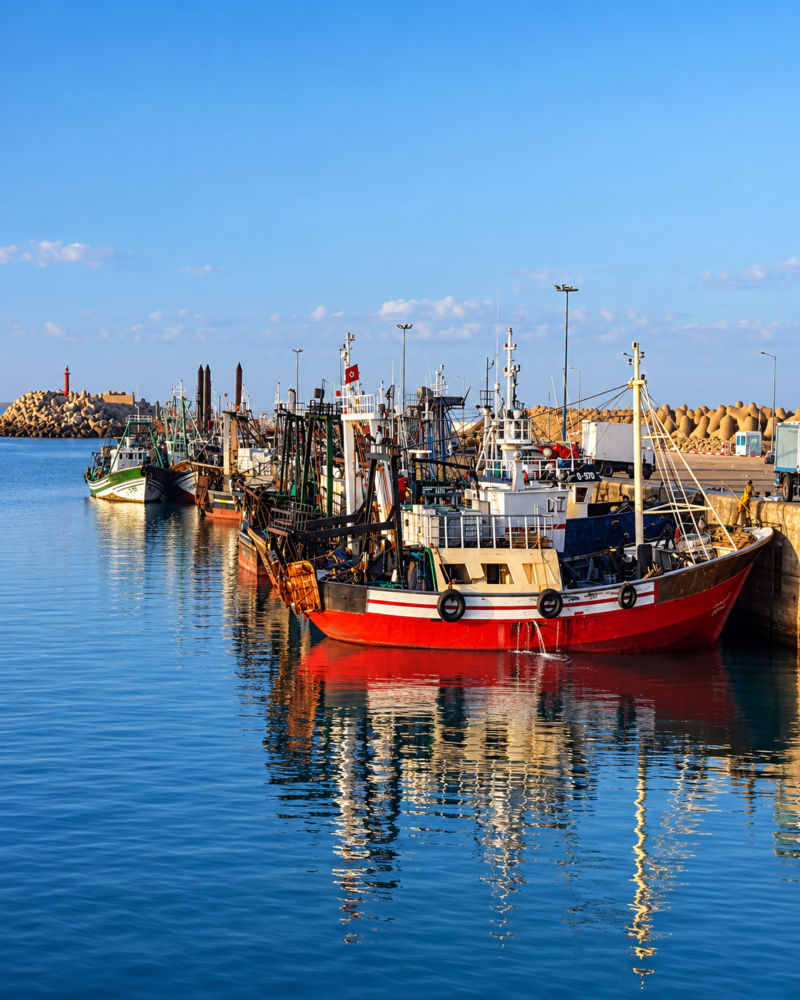 Fishing trawlers reflected in the sheltered water of Tarfaya harbour