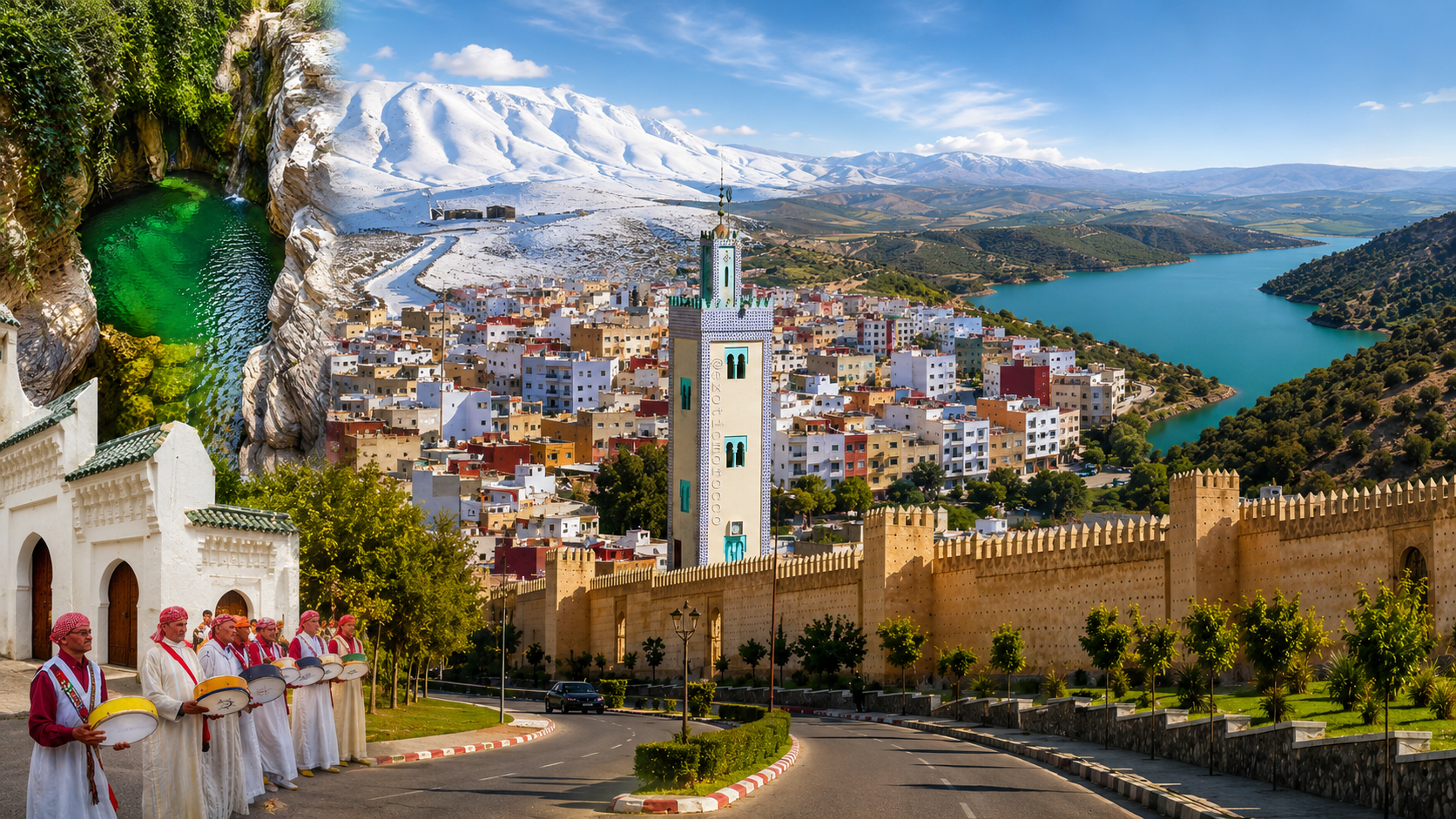 Taza hero panorama with fortified walls, old city, mountain landscapes, water and cultural movement