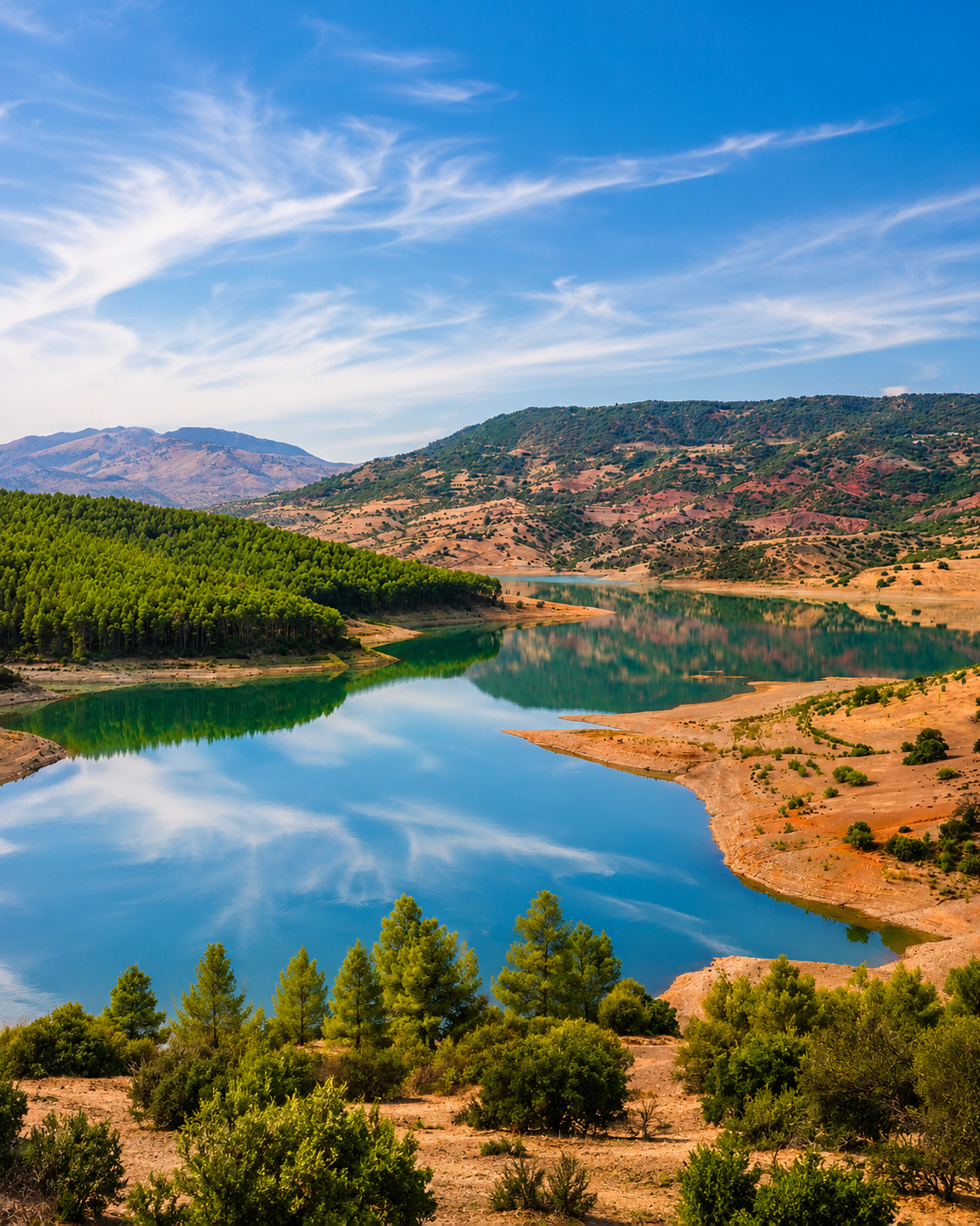 Calm lake surrounded by hills near Taza