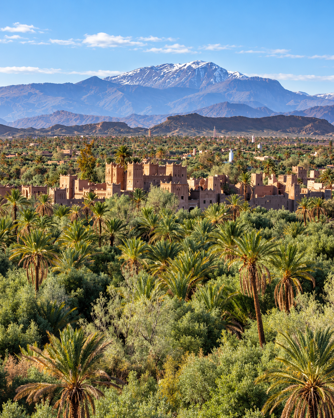 Skoura palm grove, kasbah towers and distant snowy mountains