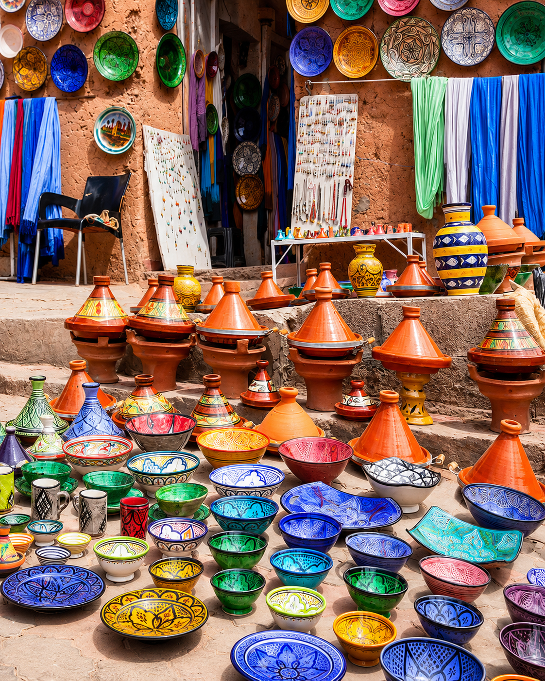 Moroccan tagines, painted bowls and ceramics on a market stall