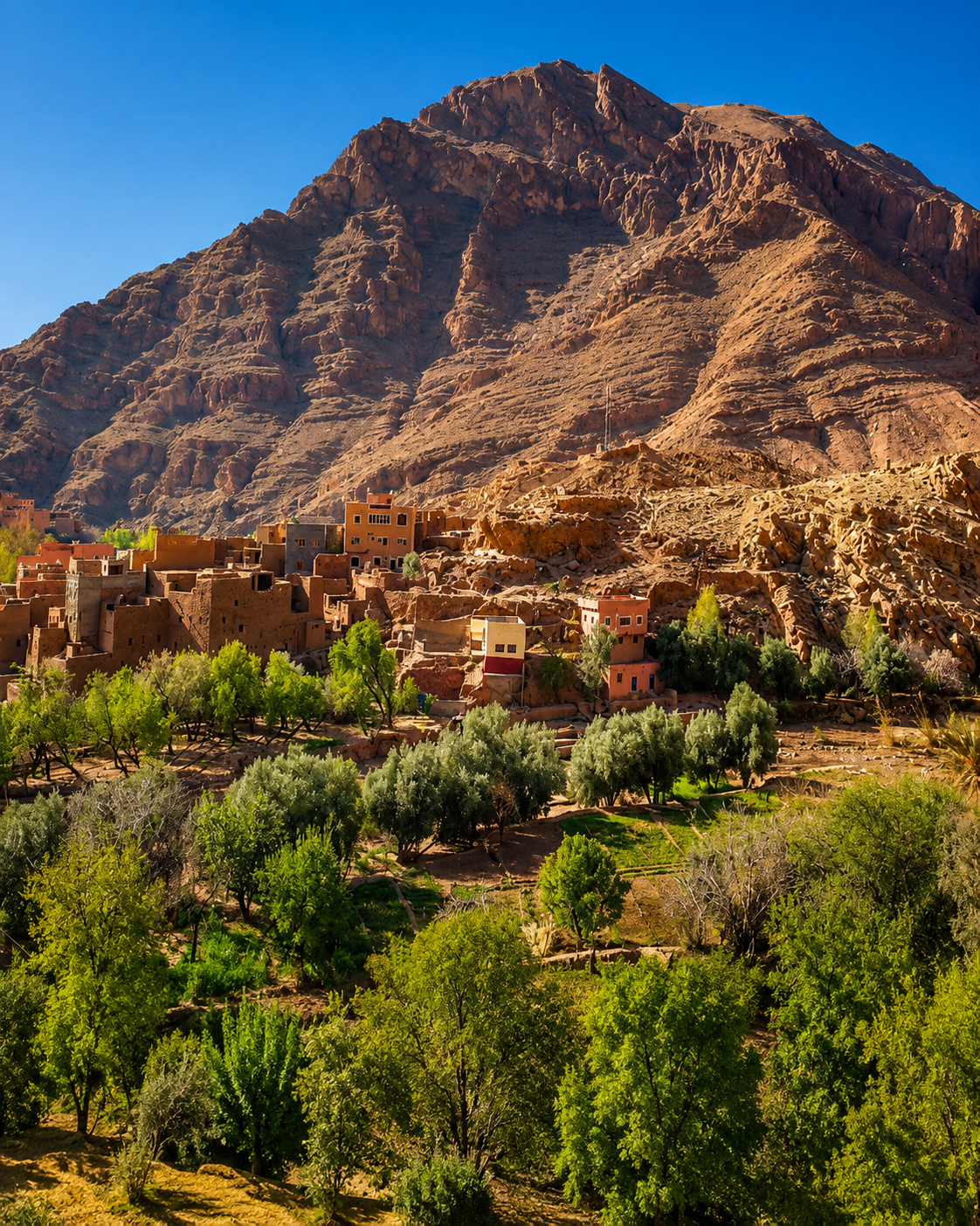 Earthen valley settlement and palm groves beneath the mountains around Tinghir