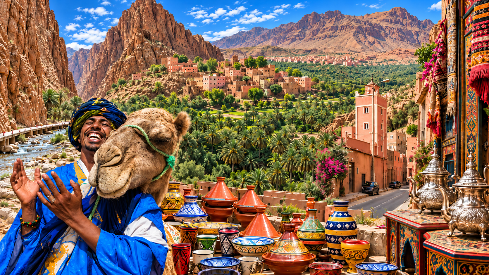 Editorial collage of Tinghir, Todgha Gorge, oasis scenery and Moroccan market culture