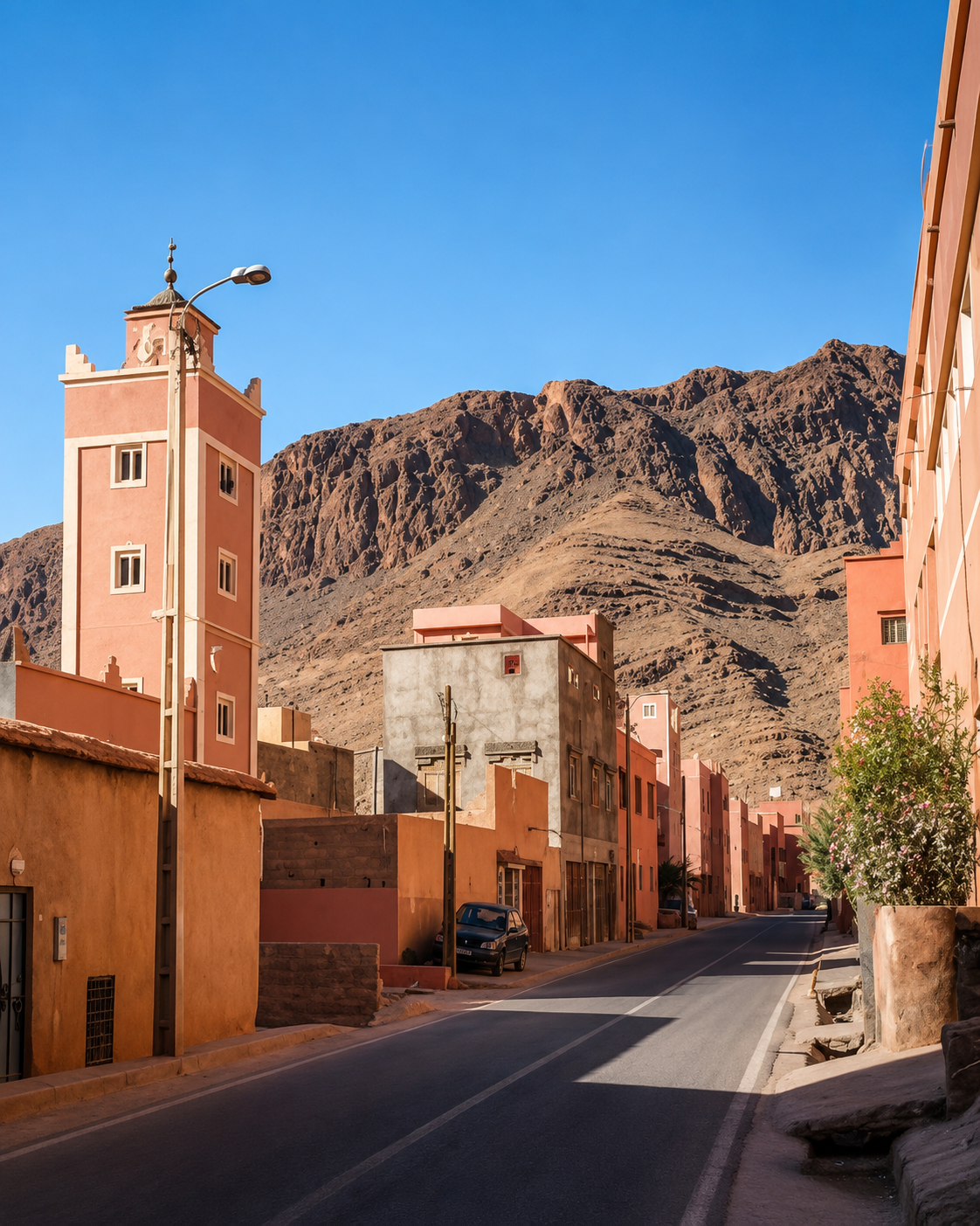 Tinghir street and earth-coloured tower beneath a rocky mountain