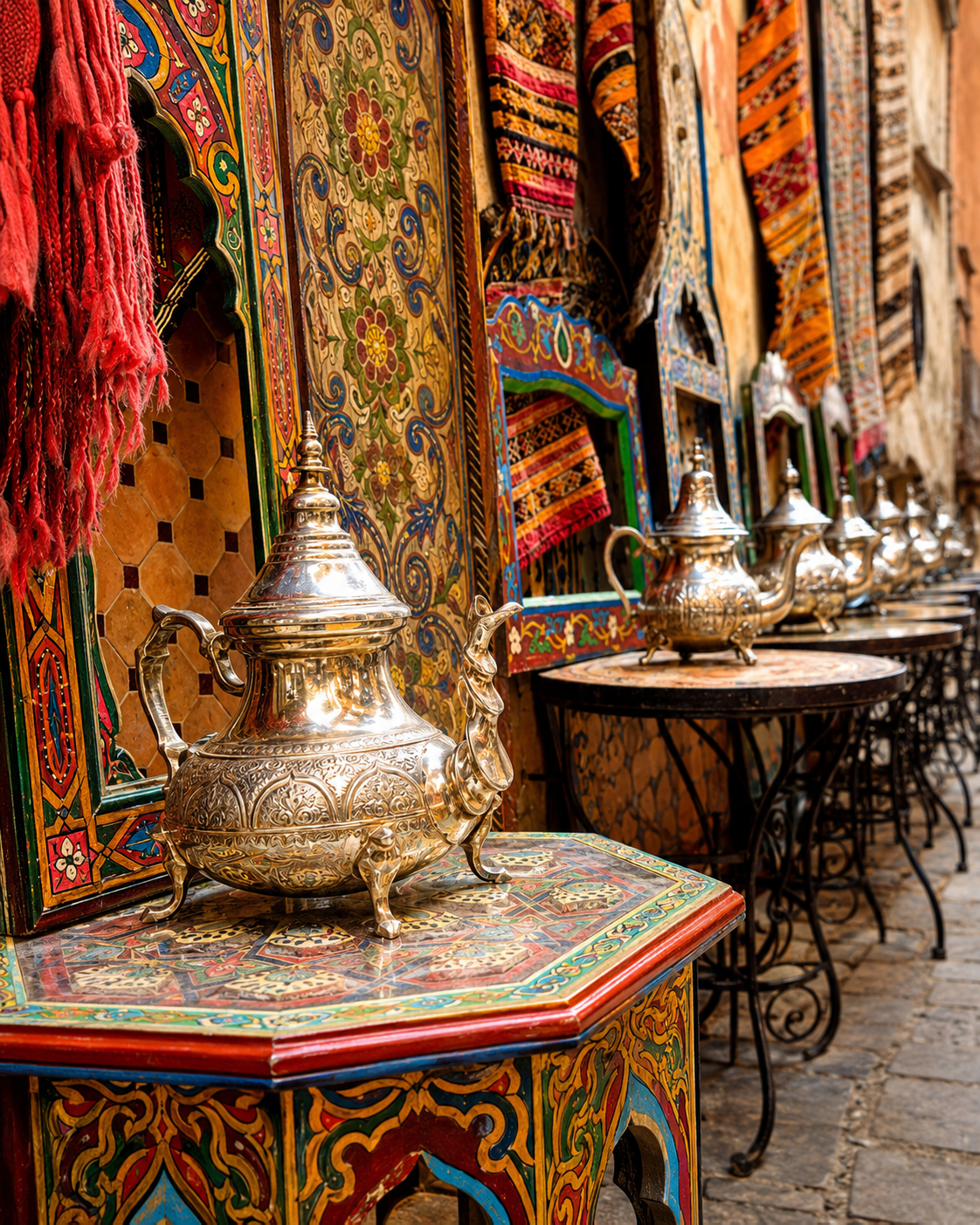 Polished Moroccan teapots displayed beside rugs and textiles