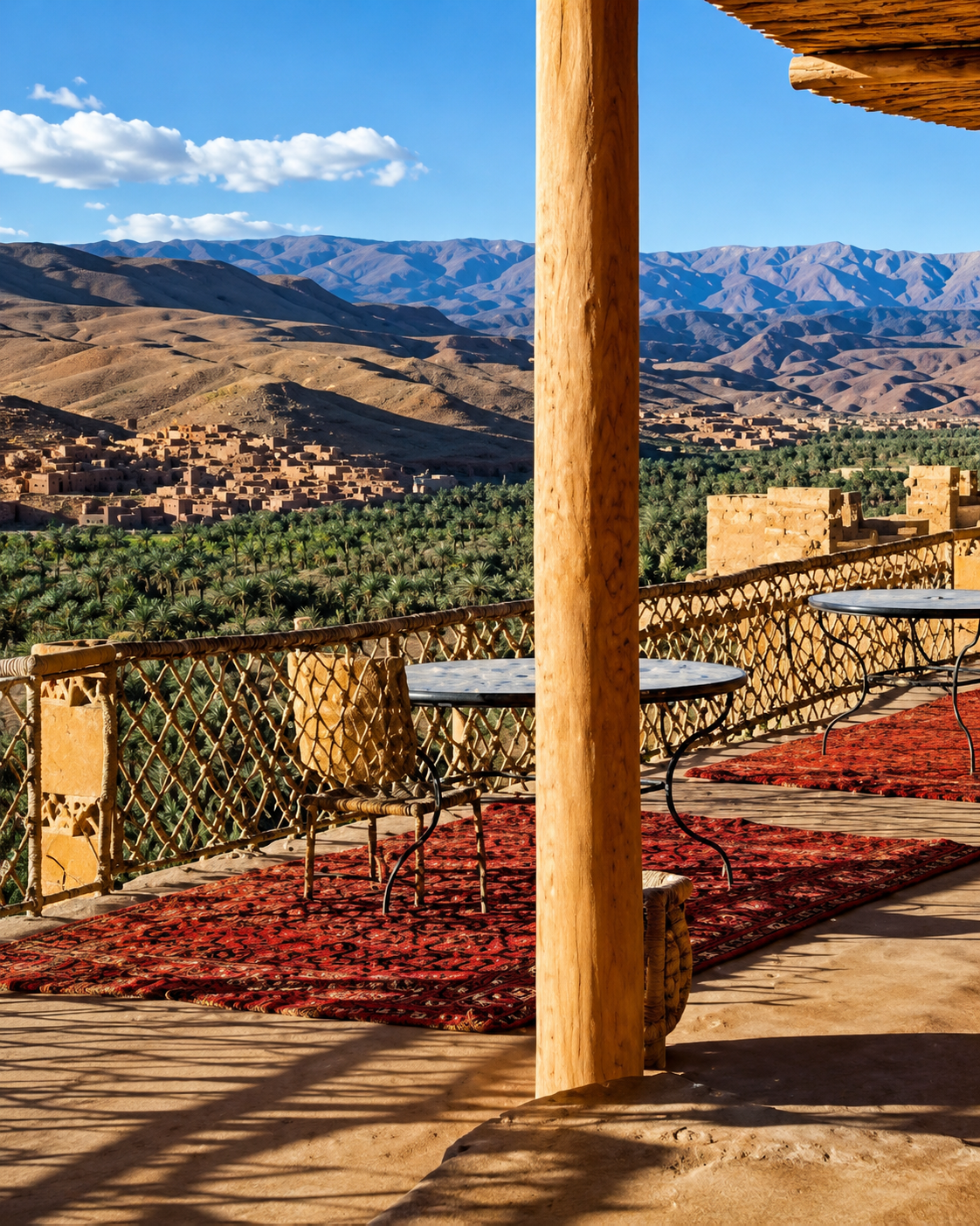 A shaded terrace overlooking palm groves and valley architecture around Tinghir