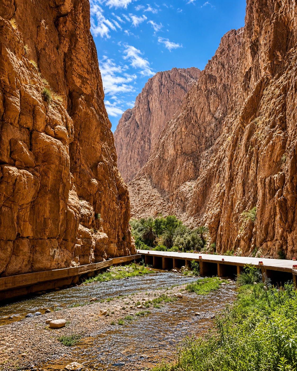 Todgha Gorge cliffs, riverbed and curving roadside barrier near Tinghir