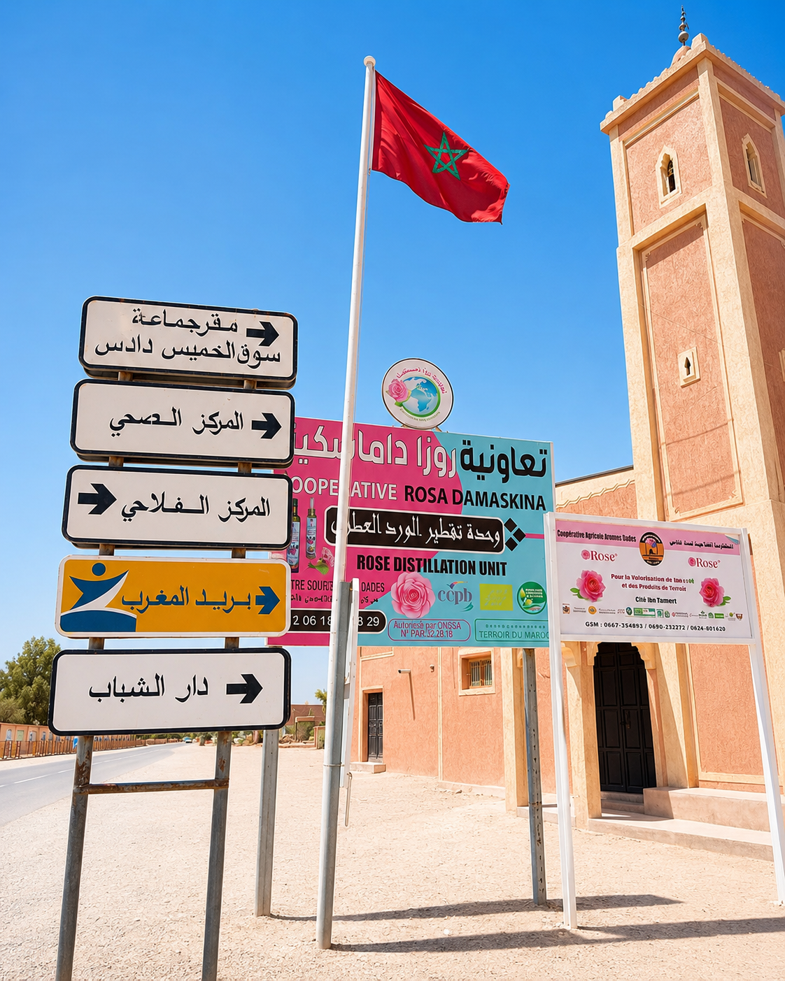 Directional signs and a tower in Tinghir town