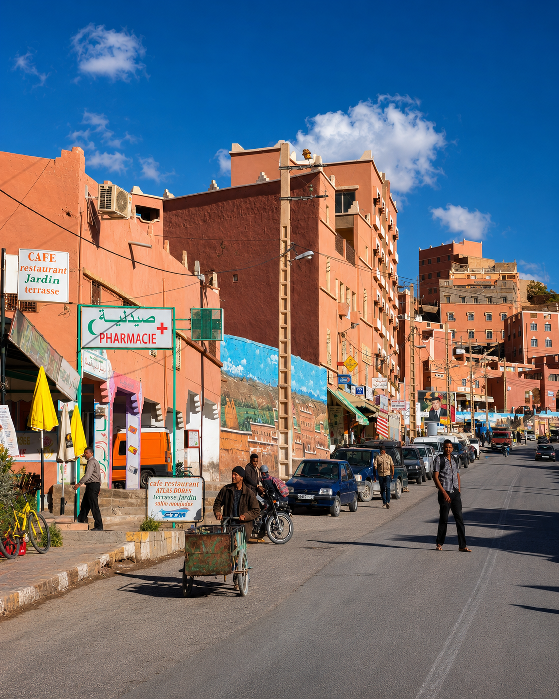 Street life, shops and earth-coloured buildings in Tinghir