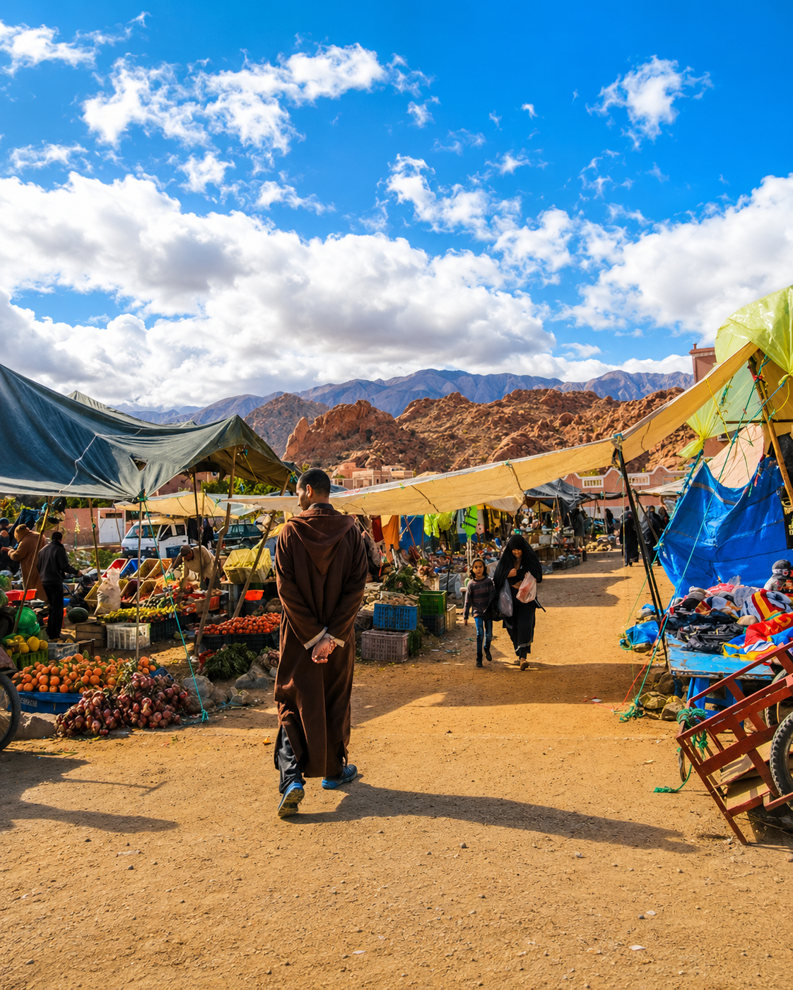 Open-air market with Anti-Atlas mountains near Tiznit