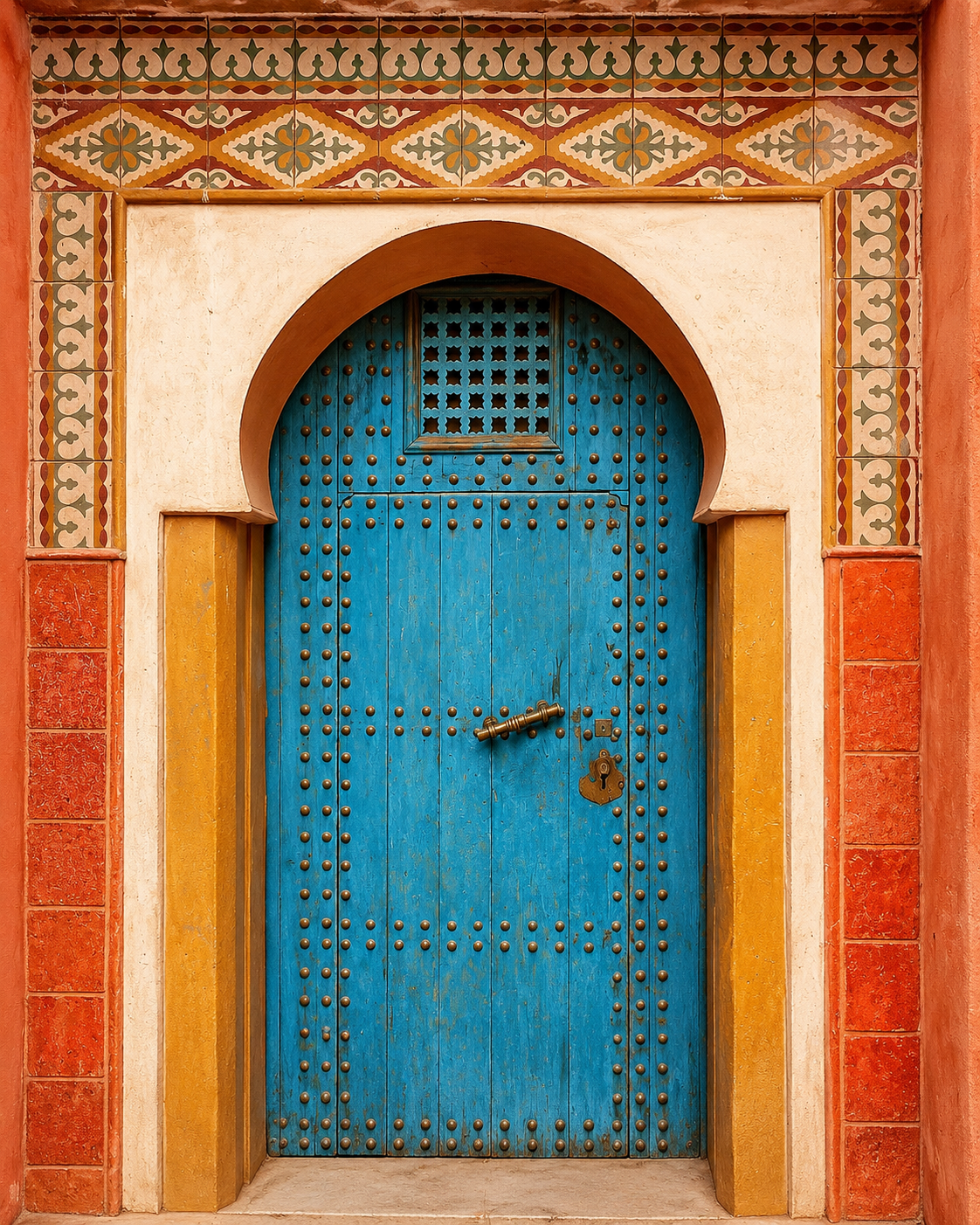 Ornate blue doorway with geometric decoration in Tiznit