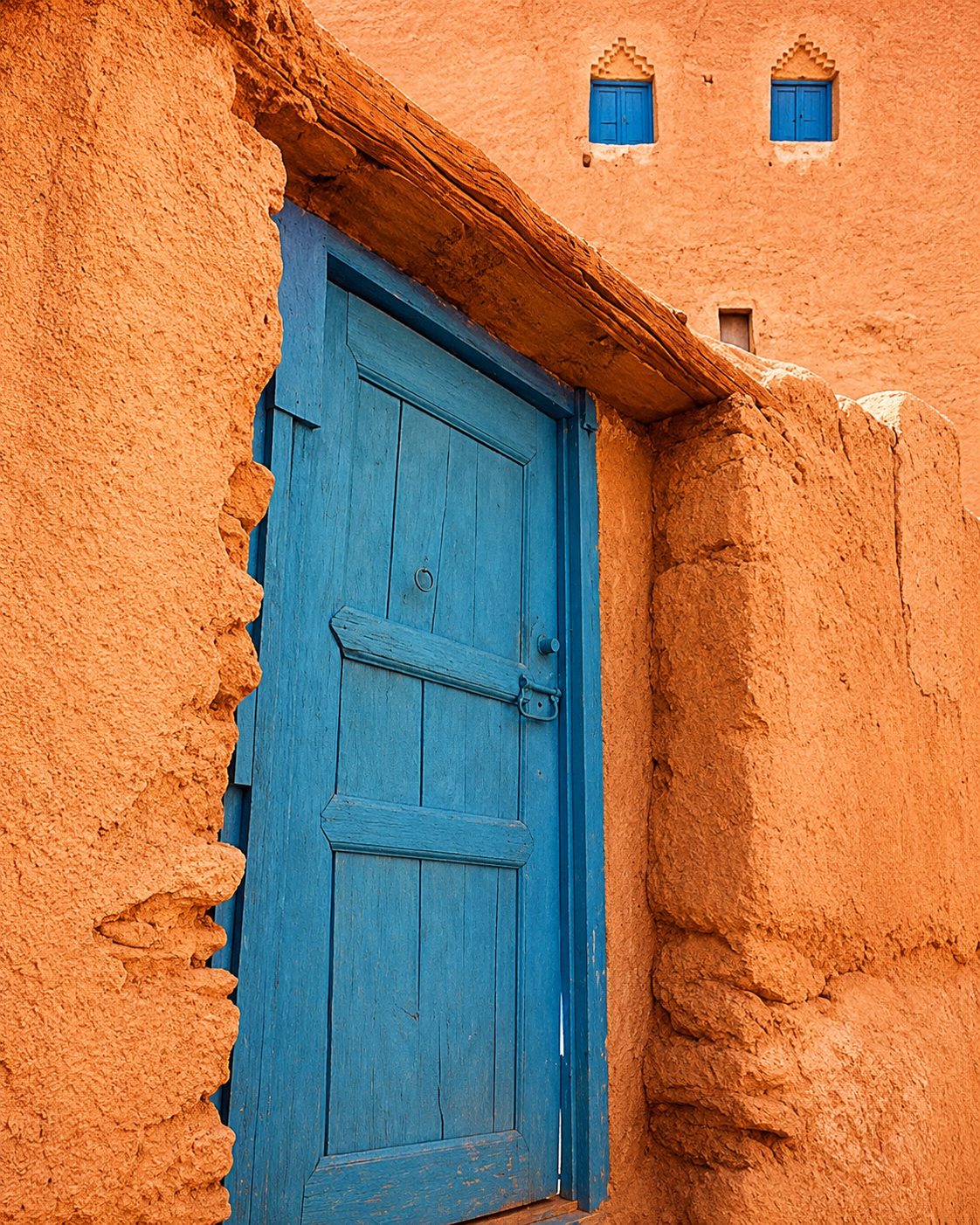 Rustic blue doorway set into an ochre wall in Tiznit