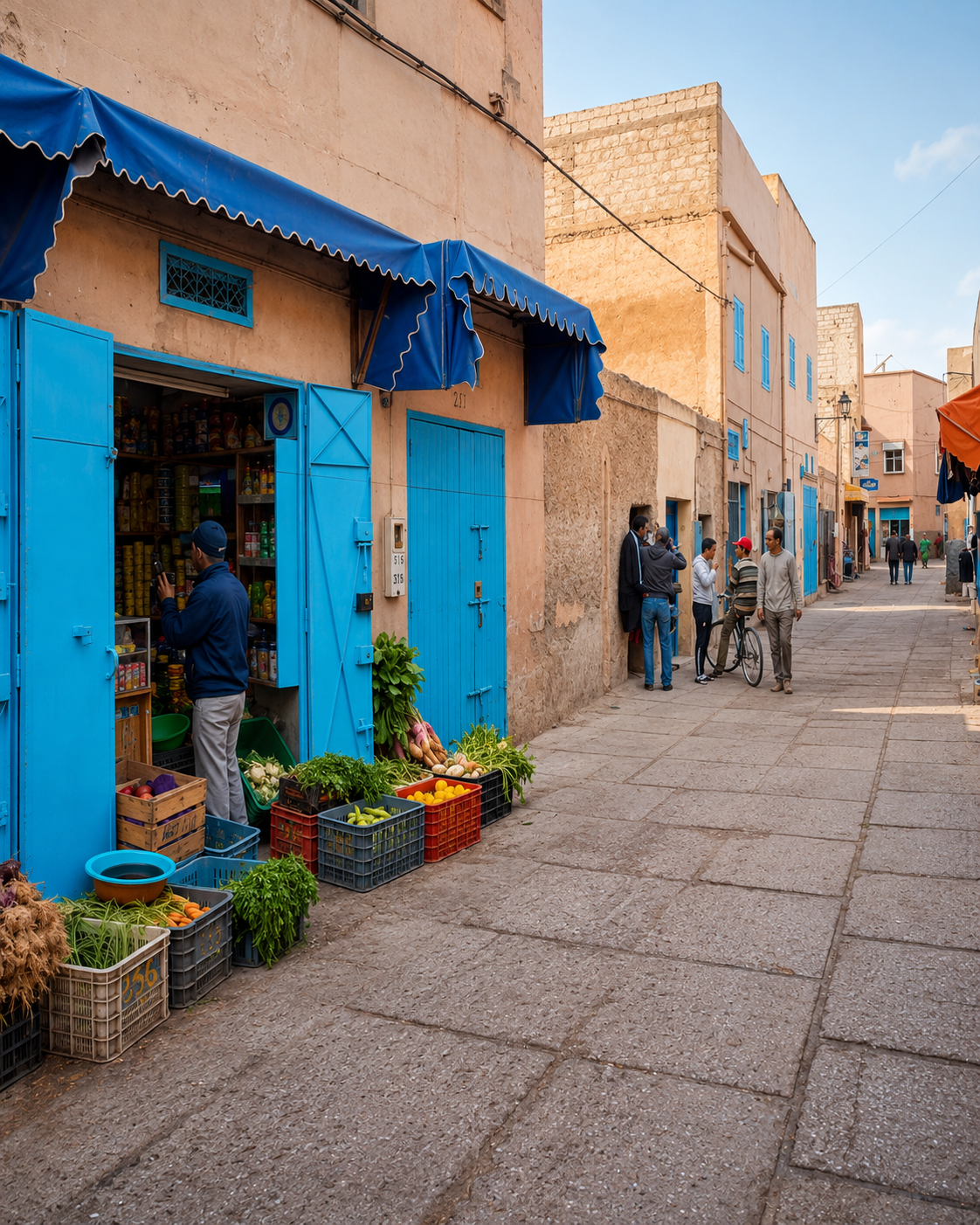 Medina street in Tiznit lined with blue doors and local shops