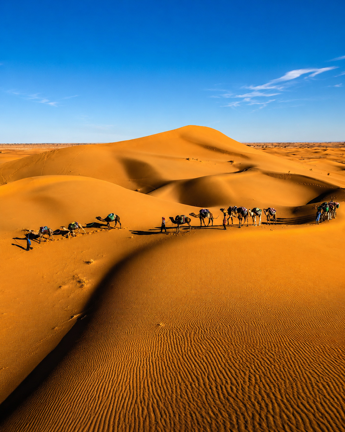 Camel caravan crossing dunes near Zagora