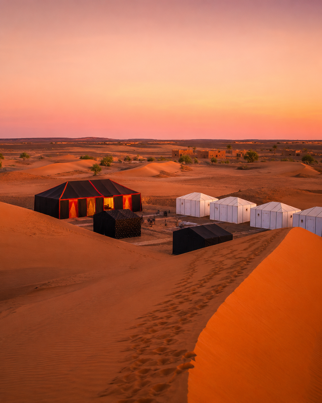 Desert camp and evening light on dunes near Zagora