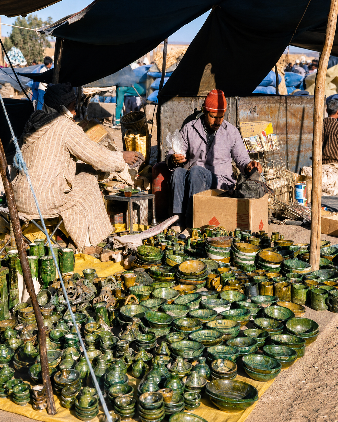 Outdoor souk display of textiles, tagines and ceramics in Zagora