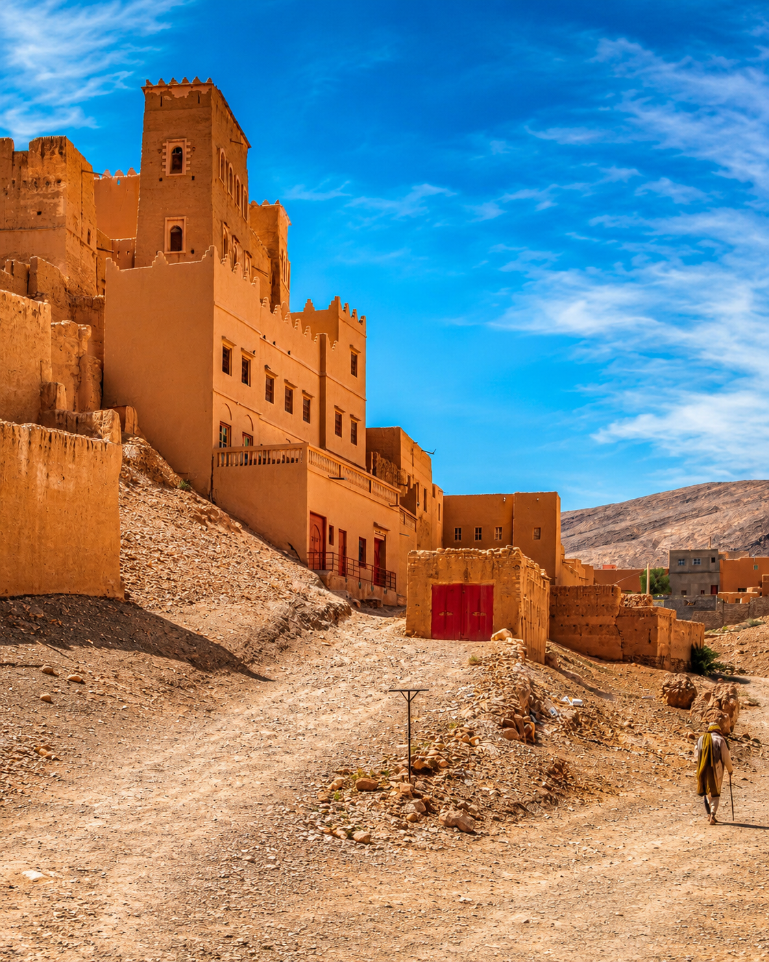 Earthen ksar architecture and palm landscape near Zagora