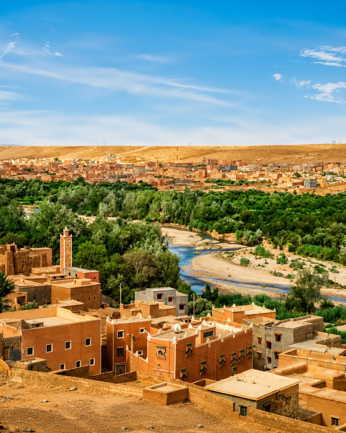 Oasis fields, palms and earthen buildings around Zagora
