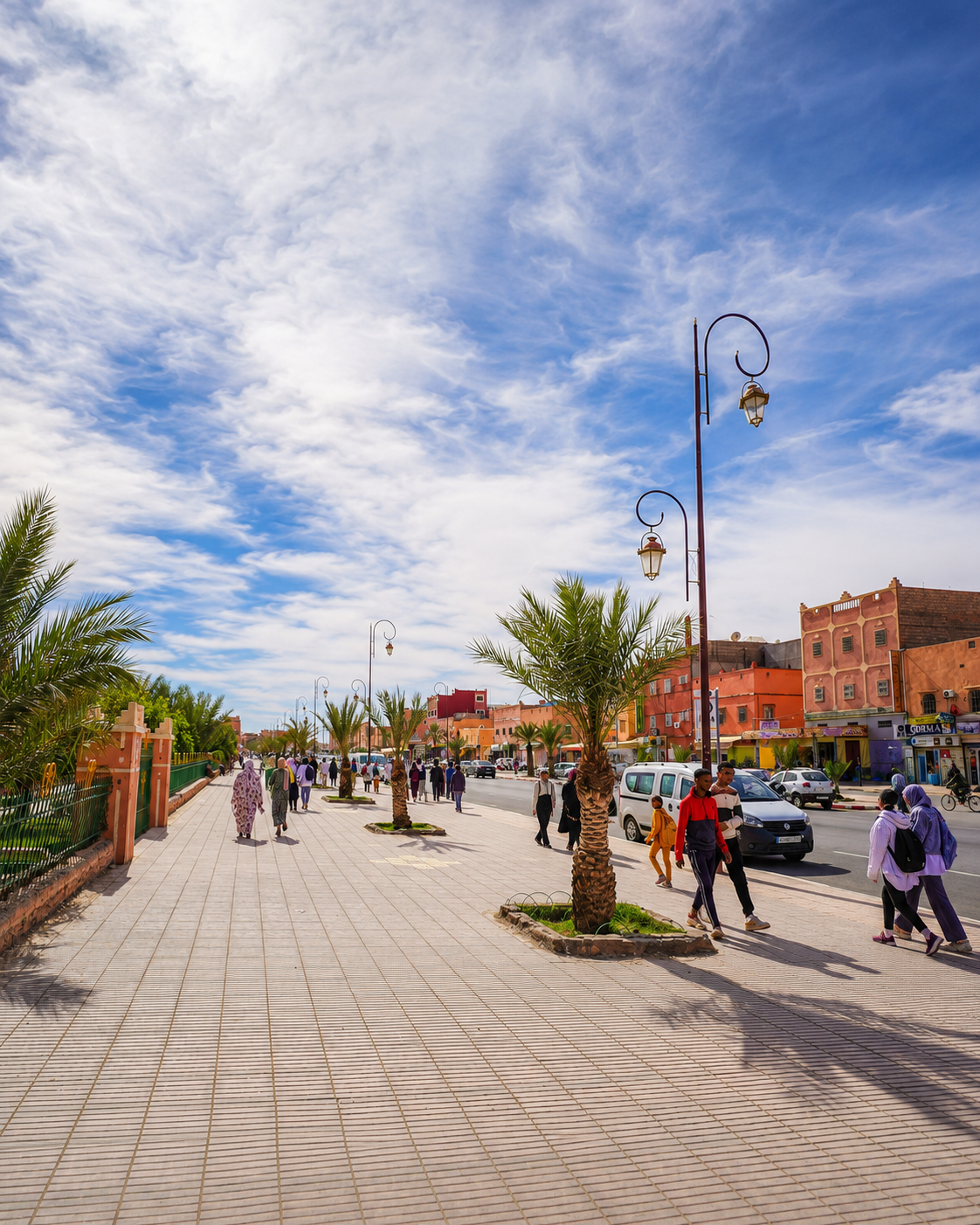Palm-lined town boulevard in Zagora