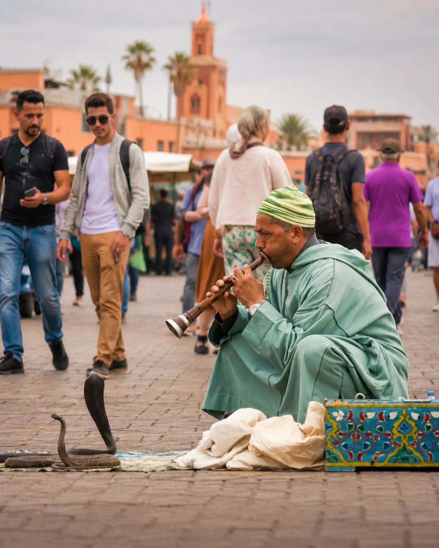 Street musician in Marrakech with the Koutoubia in the background, the city context for Agdal Gardens